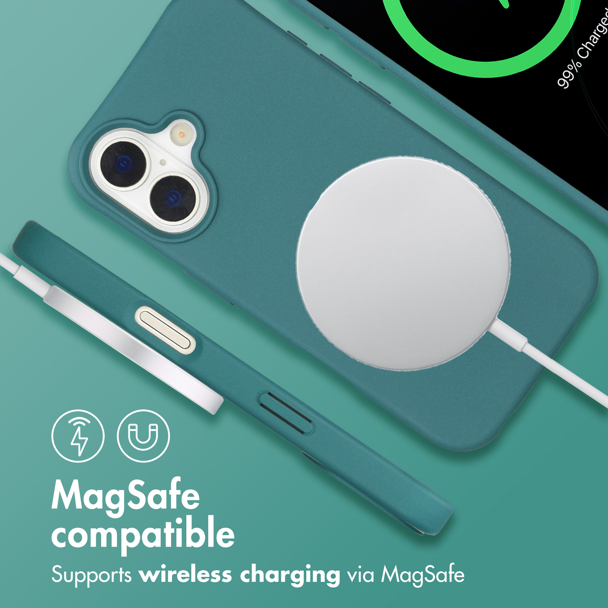 Custodia per smartphone verde con caricabatterie MagSafe e icone.