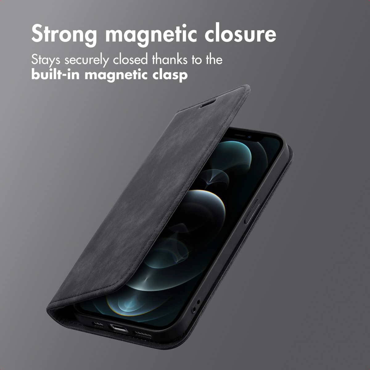 Custodia per telefono nera con chiusura magnetica su sfondo grigio.