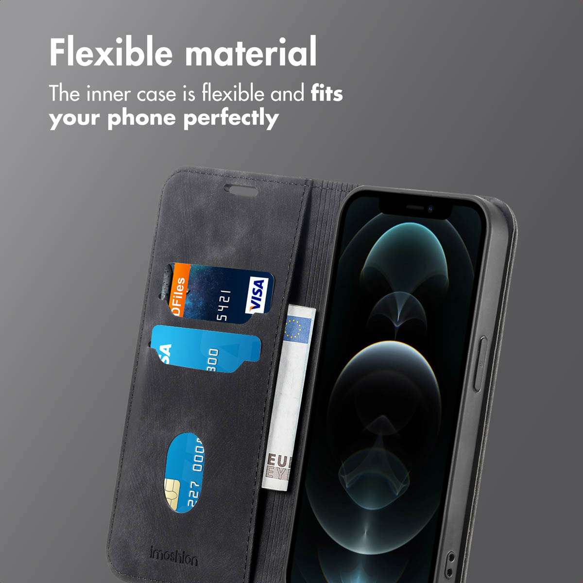 Custodia a portafoglio in pelle nera per smartphone con tasche per carte e banconote.