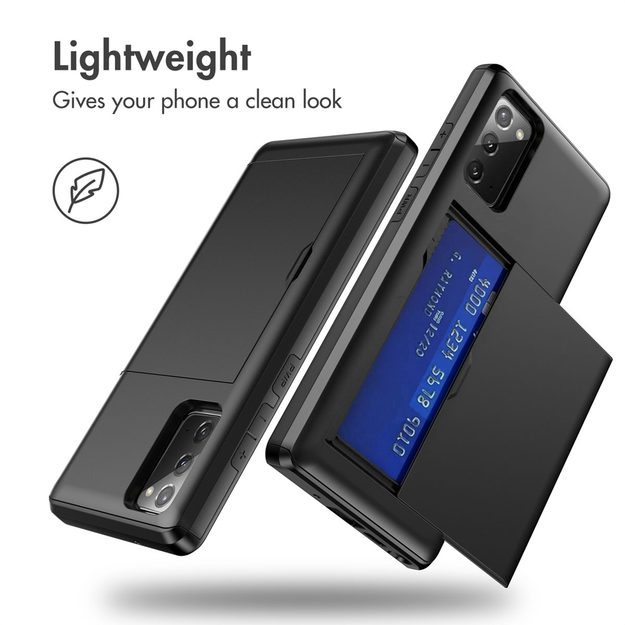 Deux coques de téléphone noires, l'une montrant l'arrière et l'autre dotée d'un compartiment avec une carte bleue.