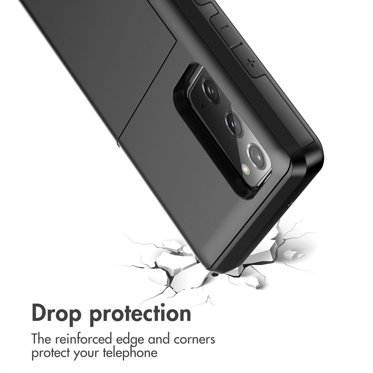 Coque noire avec appareil photo et texte Drop protection sur fissures.
