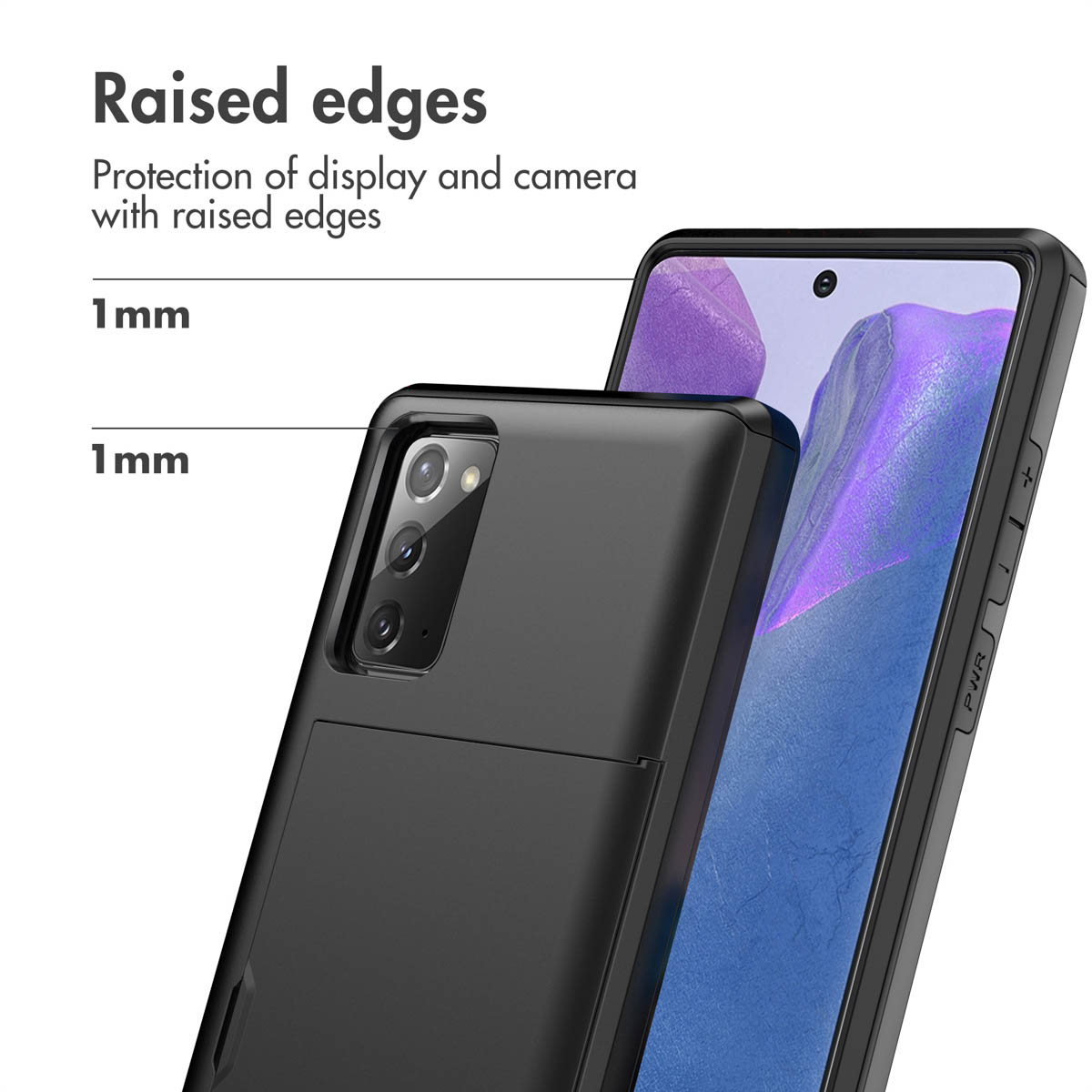 Coque de téléphone noire avec des bords surélevés de 1 mm pour protéger l'écran et l'appareil photo.