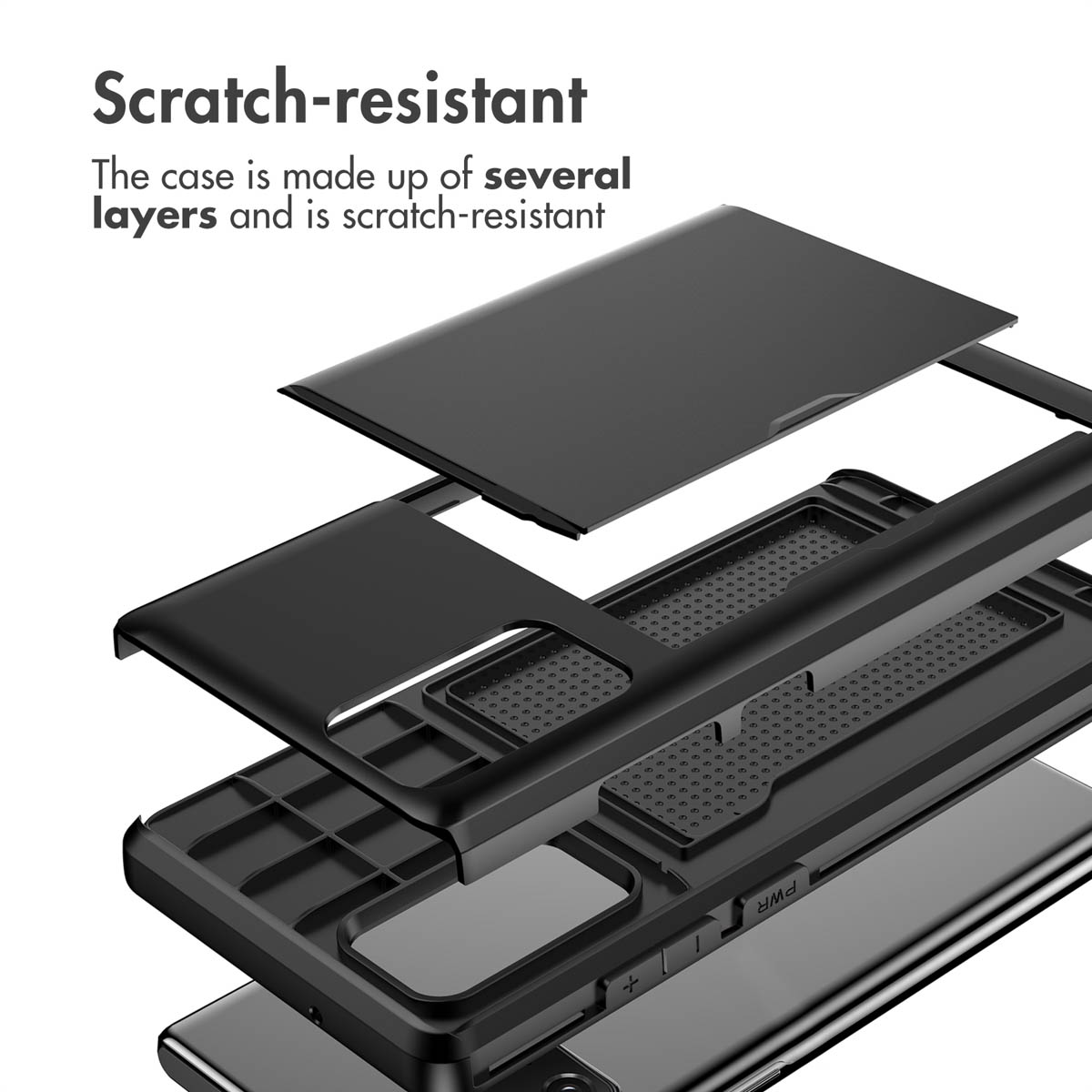 Un schéma éclaté montre les couches résistantes aux rayures d'une coque de téléphone noire.