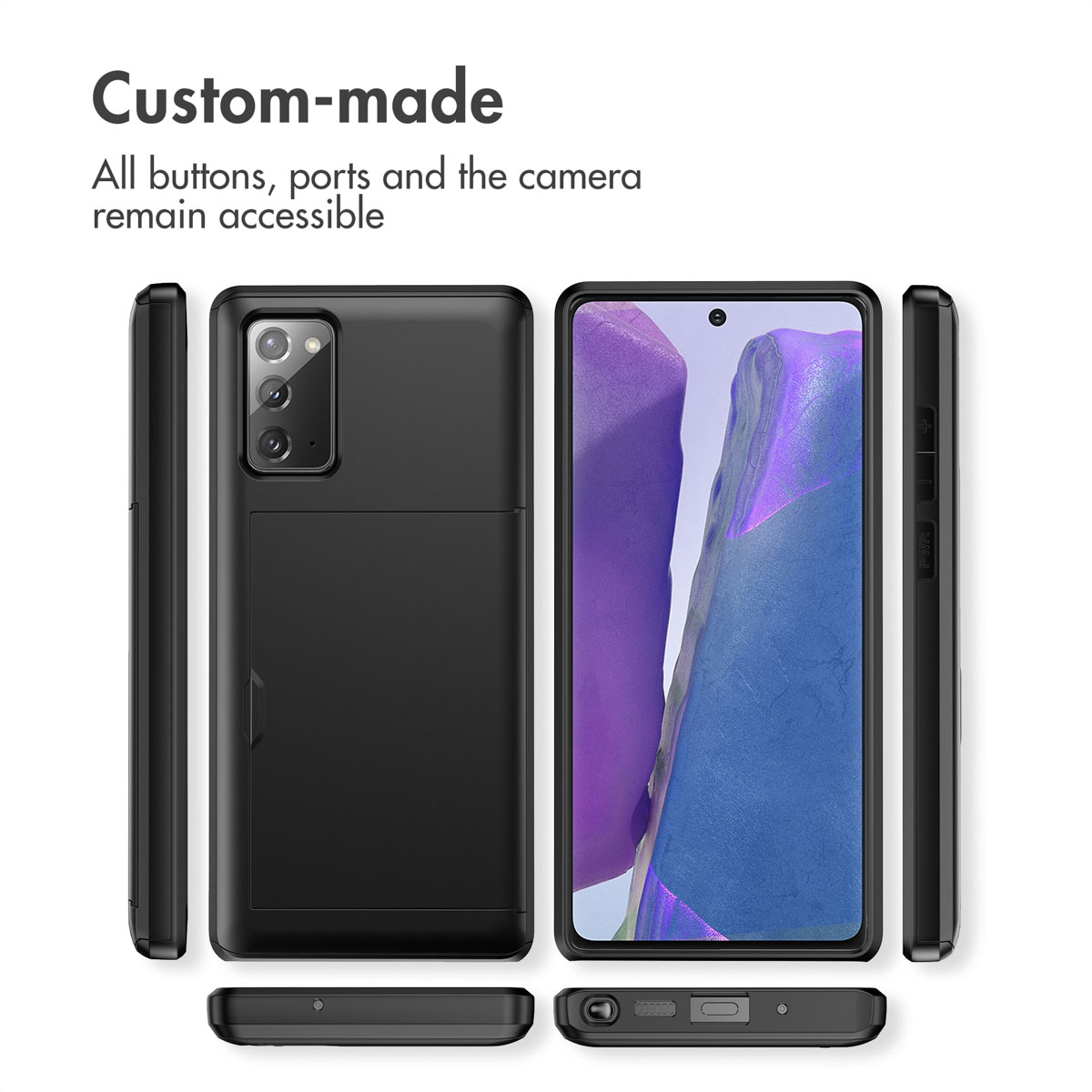 Coque de protection noire pour smartphone vue sous plusieurs angles.