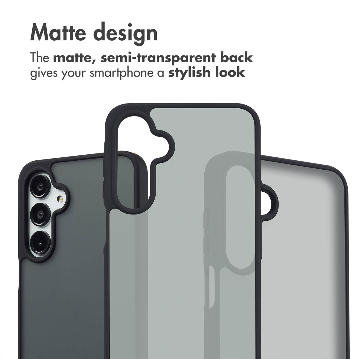 Drie smartphones met matte, semi-transparante zwarte hoesjes tegen een witte achtergrond.