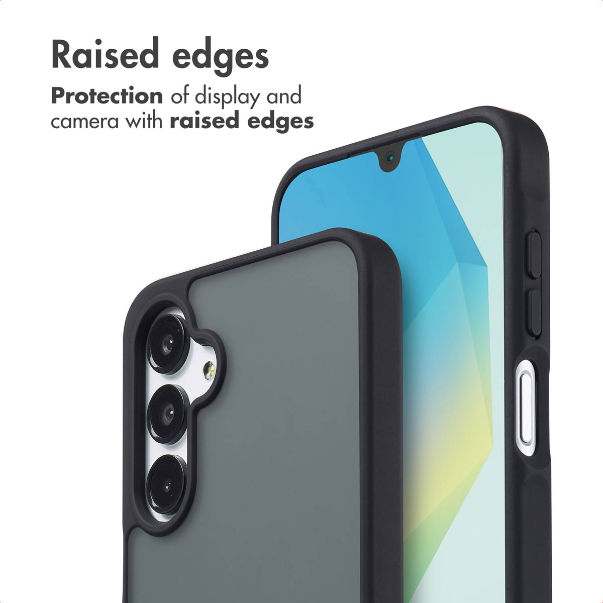 Twee smartphones in zwarte hoesjes met opstaande randen voor scherm- en camerabescherming.