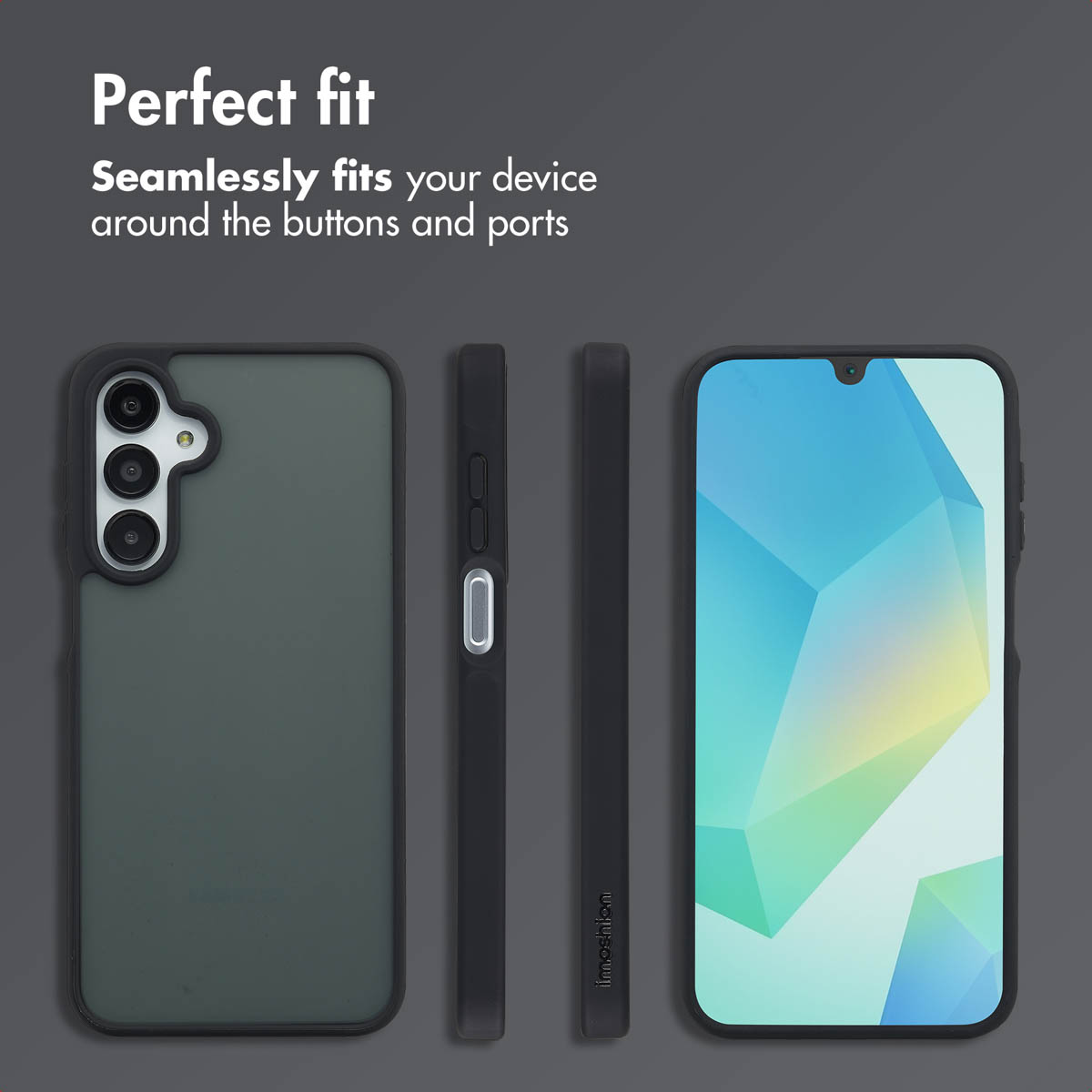 Een zwart smartphonehoesje van de voorkant, achterkant en zijkanten getoond.