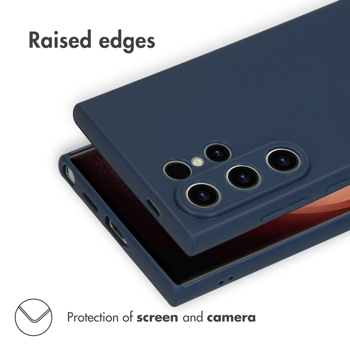 Eine blaue Smartphone-Hülle mit erhöhten Kanten zum Schutz von Display und Kamera.