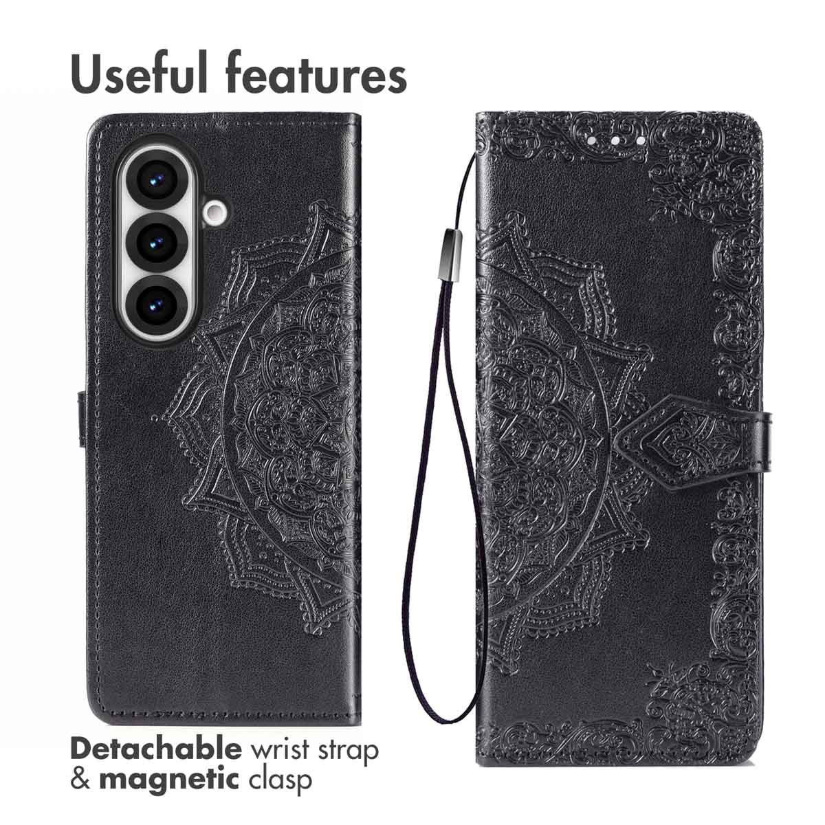 Custodia per telefono in pelle nera con goffratura mandala, laccetto e chiusura magnetica.