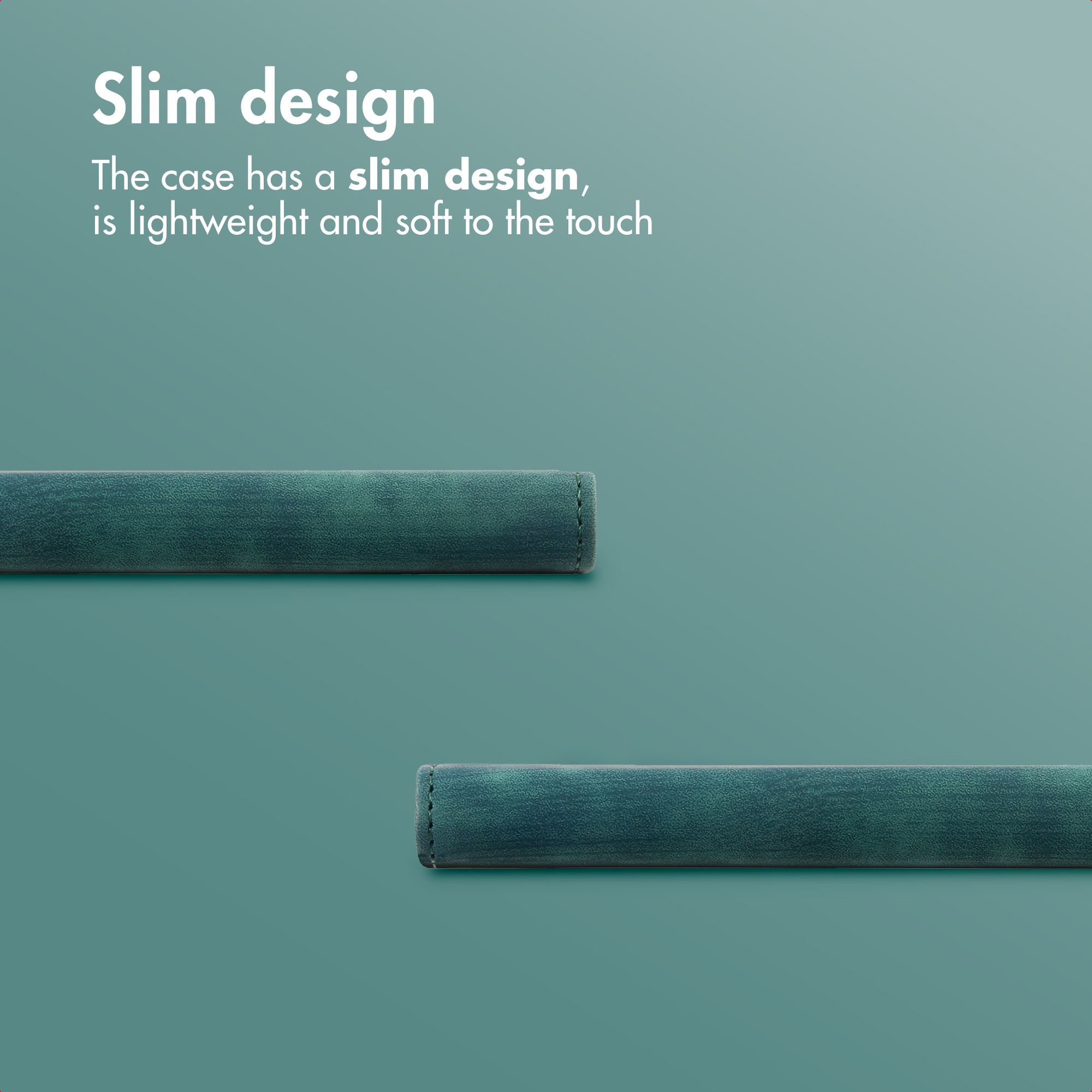 Dos fundas de móvil verde azulado sobre fondo verde azulado con texto de diseño delgado.