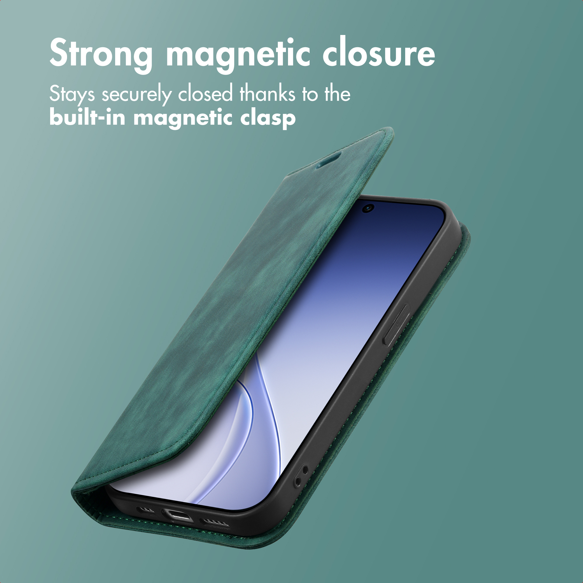 Funda verde para smartphone con fuerte cierre magnético sobre fondo azul.