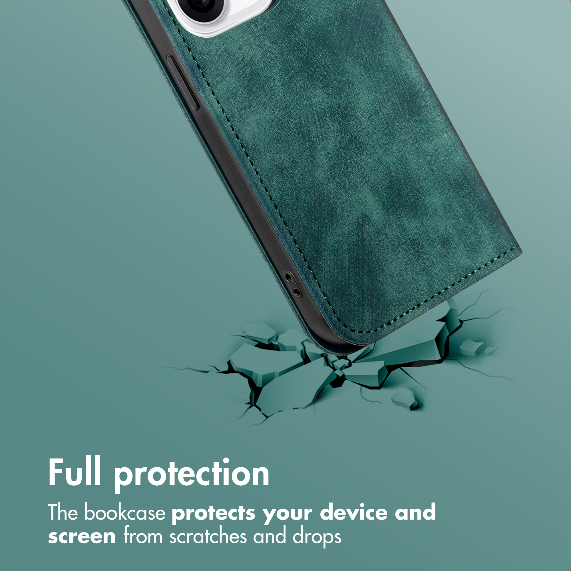 Una funda de piel verde para smartphone flota sobre un suelo agrietado, con el texto "Full protection" abajo.