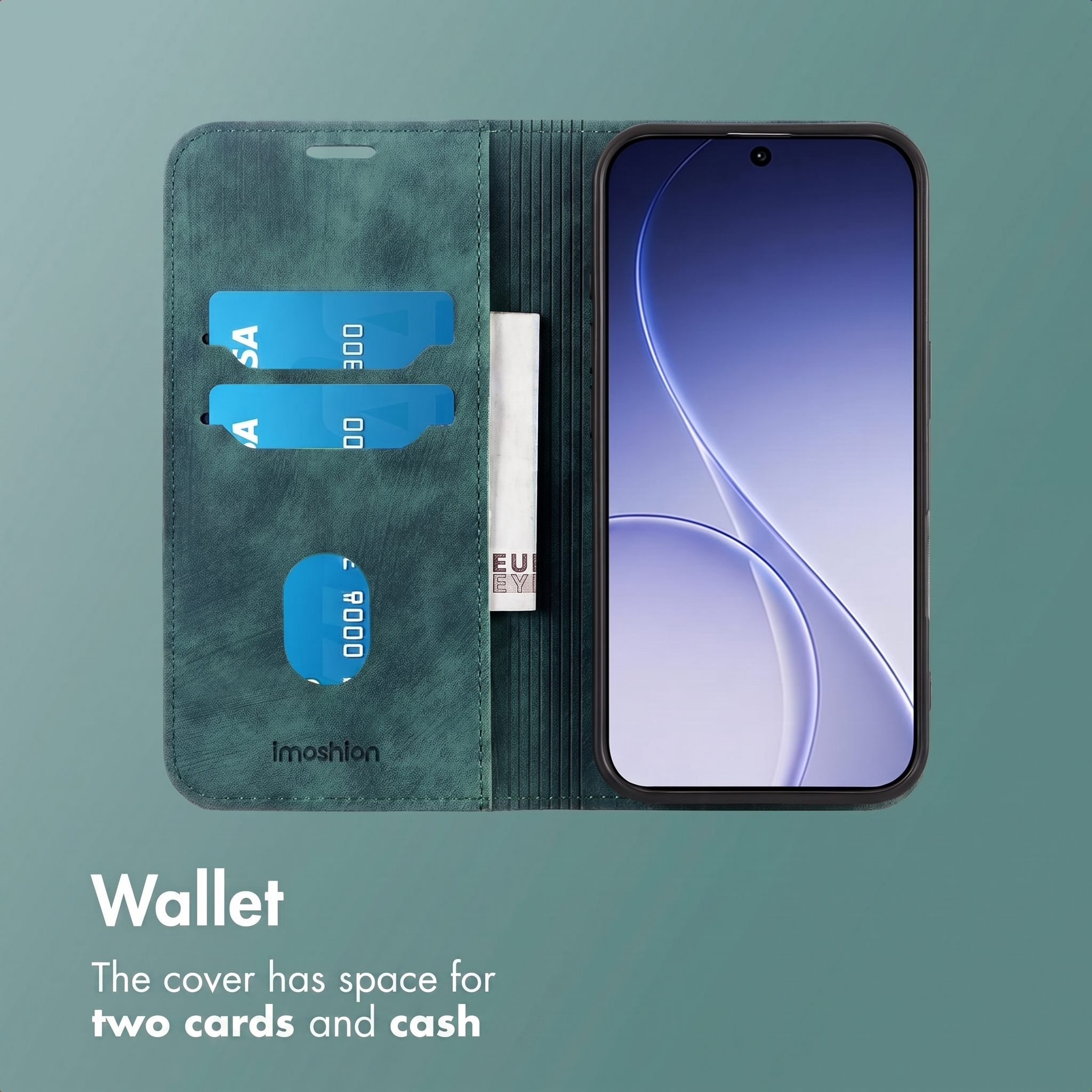 Una funda de piel verde para móvil con tarjetero para dos tarjetas y billete junto a un teléfono.