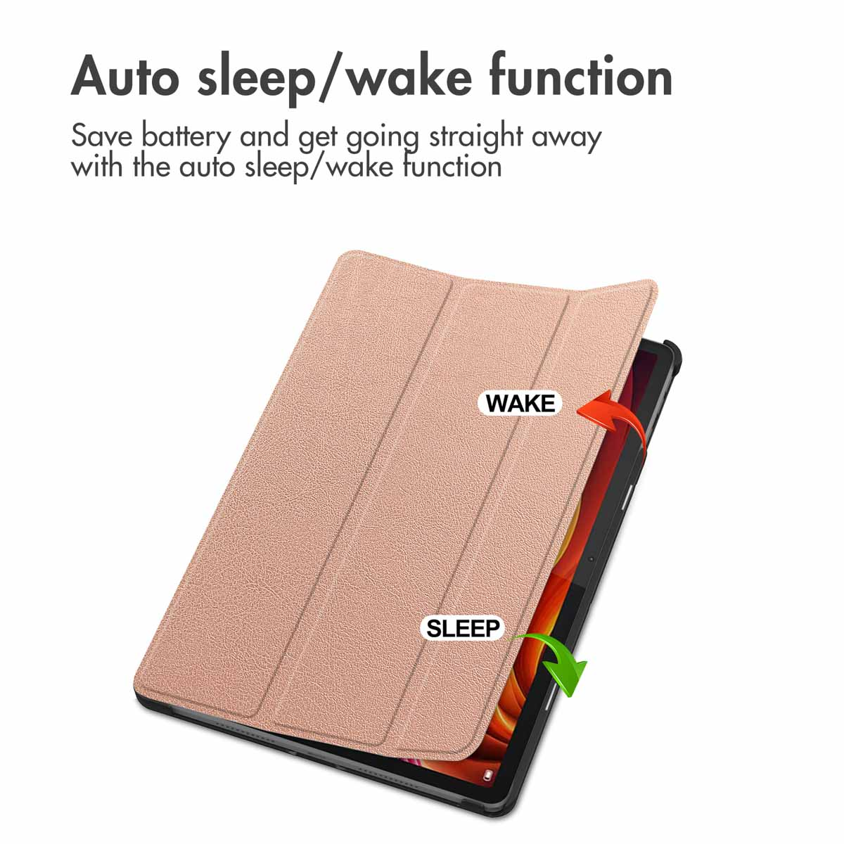 Étui de tablette rose montrant la fonction veille et réveil automatique avec des flèches.