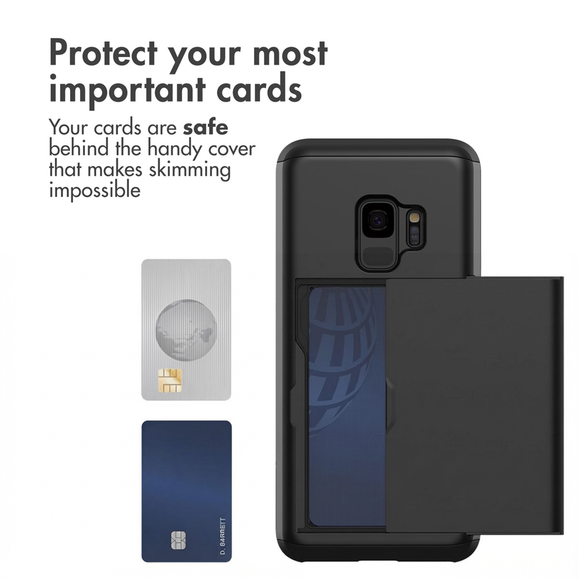 Zwarte telefoonhoes met ingebouwd kaarthoesje en twee creditcards.