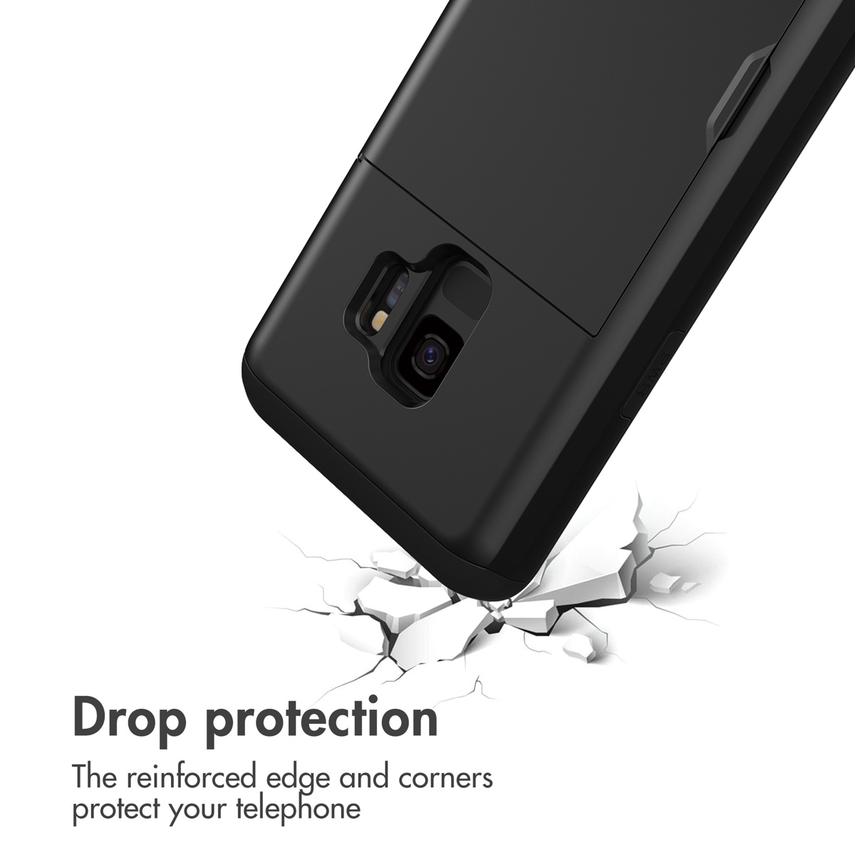 Zwarte telefoonhoes beschermt tegen vallen, met gebroken grond.