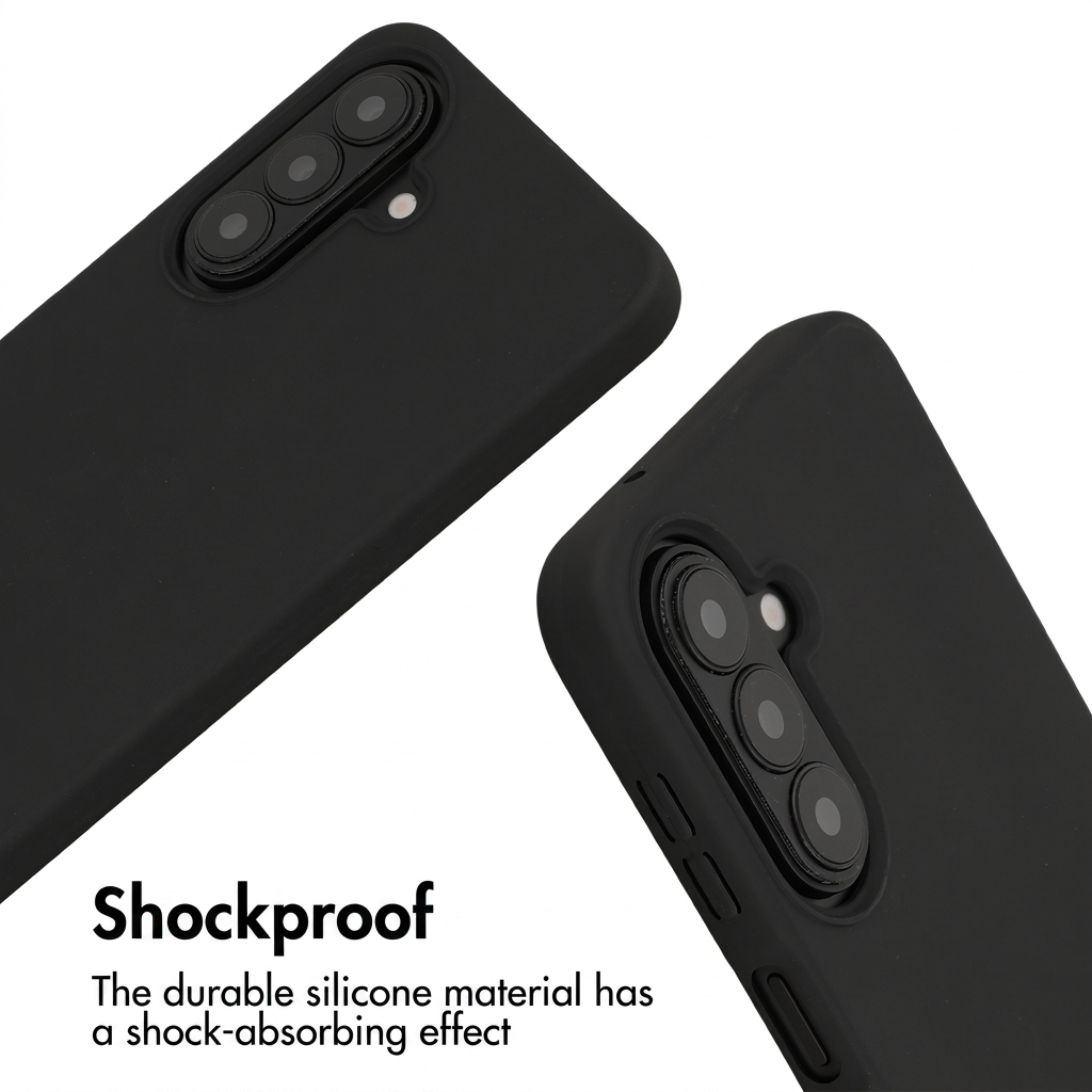 Zwei schwarze, stoßfeste Silikon-Smartphonehüllen auf weißem Hintergrund.