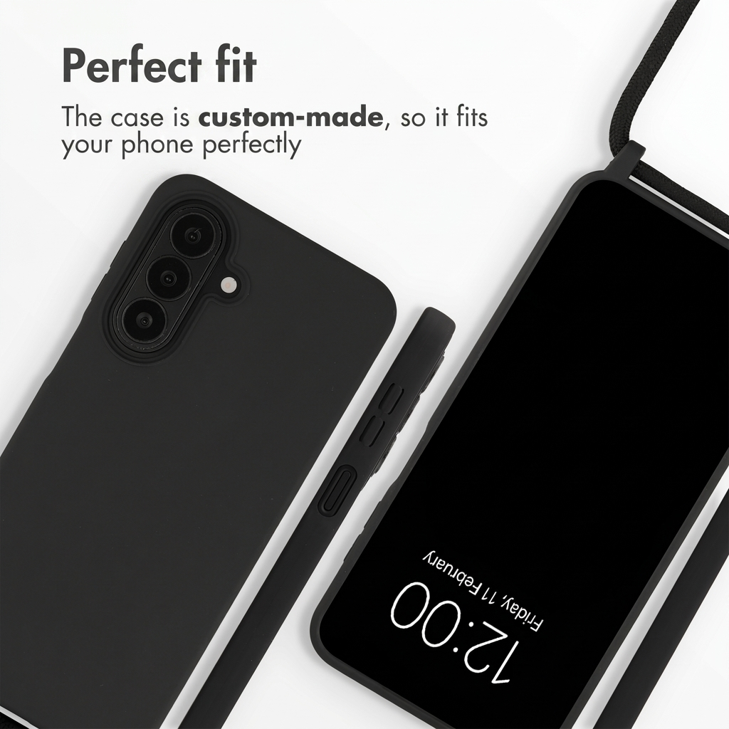 Schwarze Schutzhülle mit Band für ein Smartphone, passgenau.