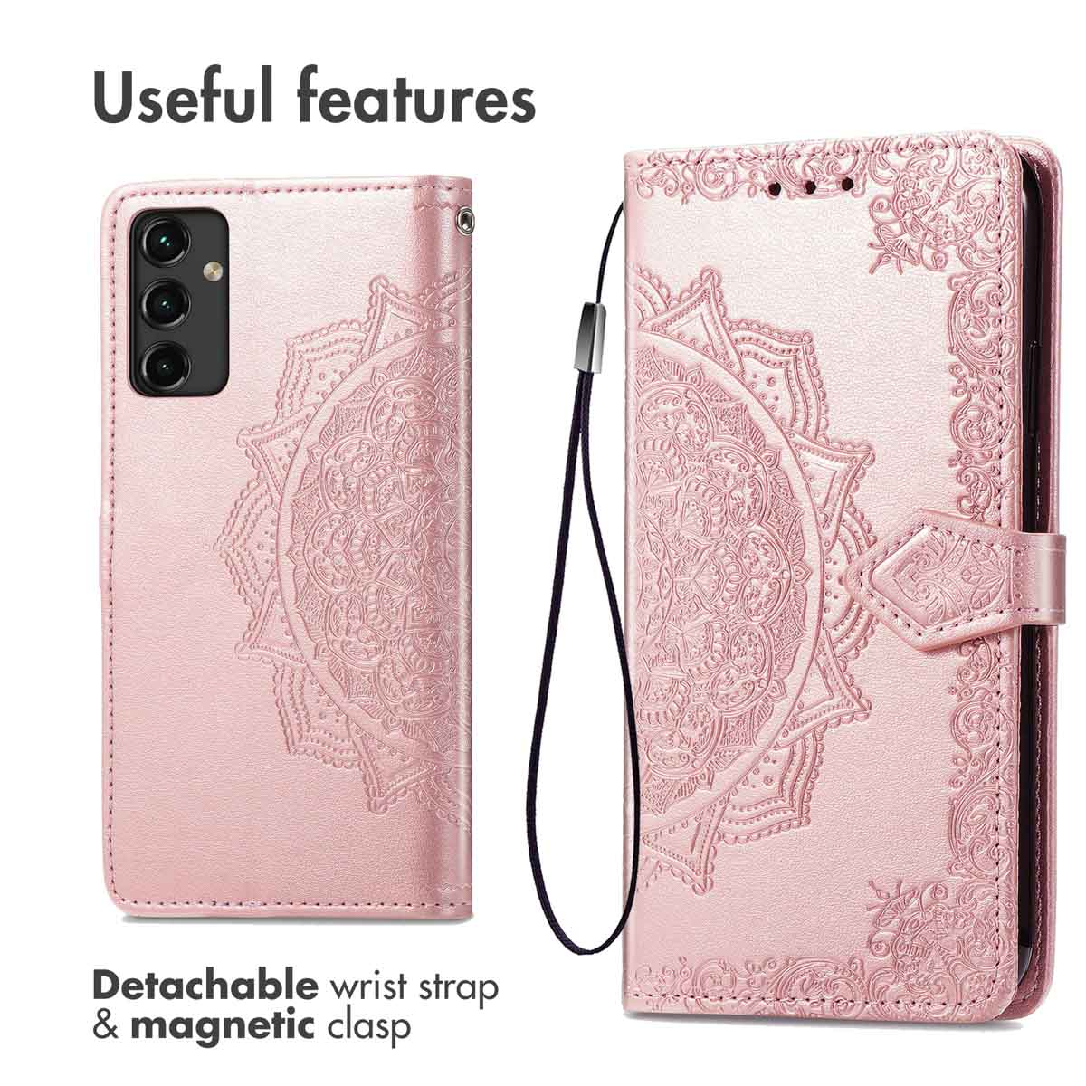Custodia a portafoglio rosa per telefono con motivo mandala e cinturino da polso.