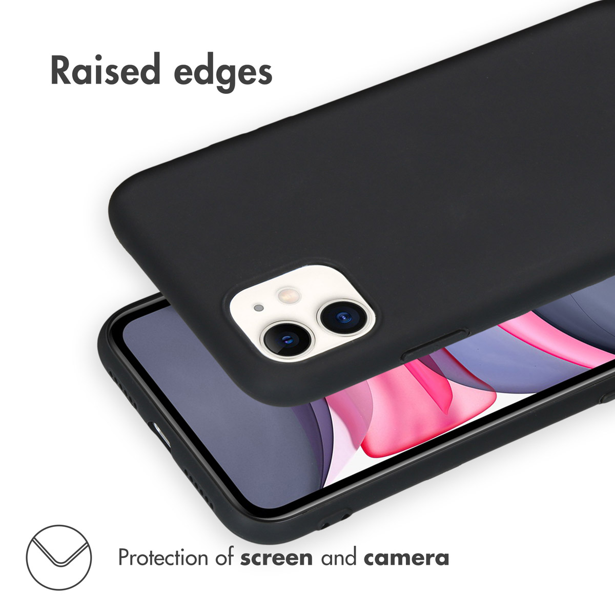 Coque de téléphone noire avec bords surélevés pour protéger l'écran et l'appareil photo.