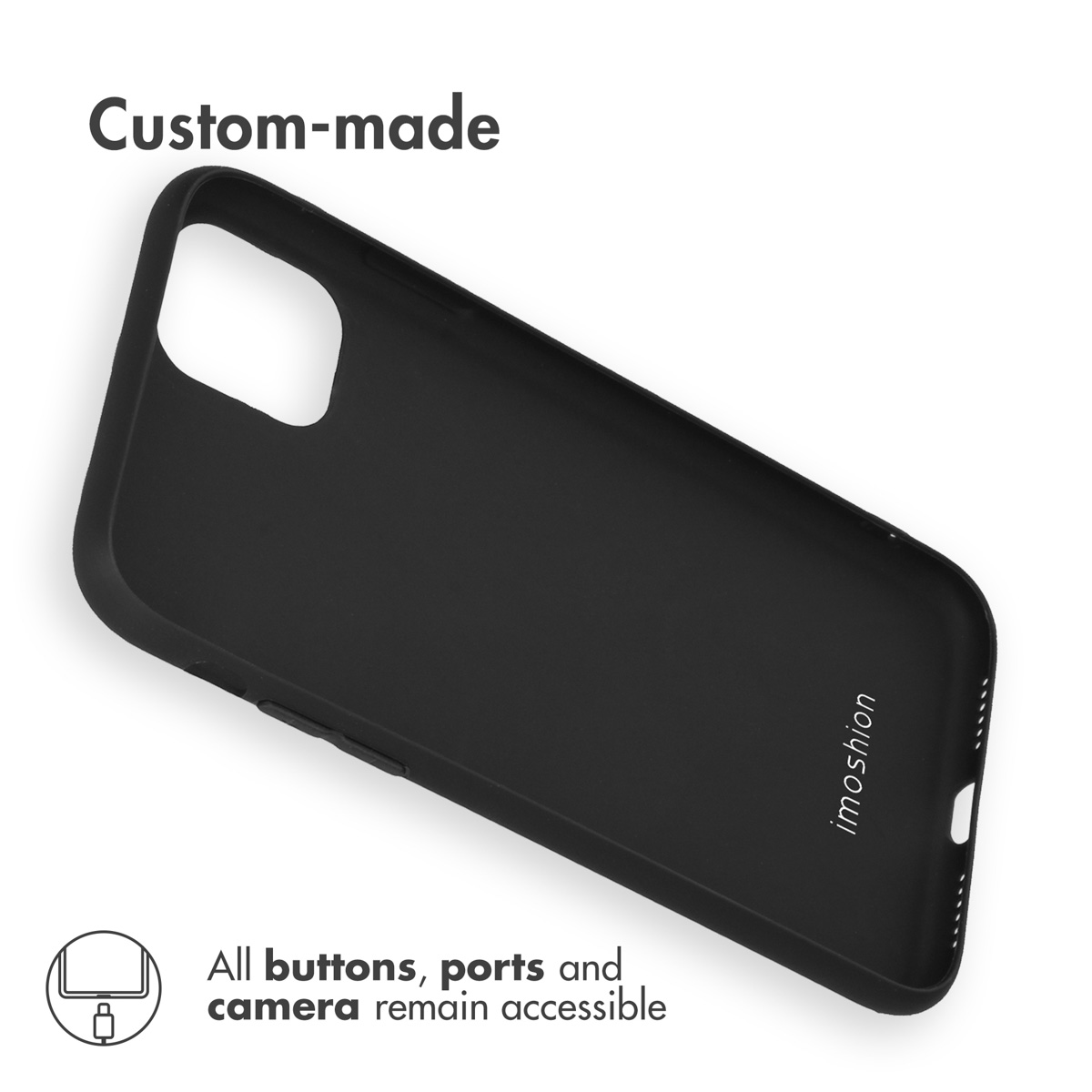 Une coque de smartphone noire sur fond blanc avec du texte sur l'accessibilité des boutons et des ports.