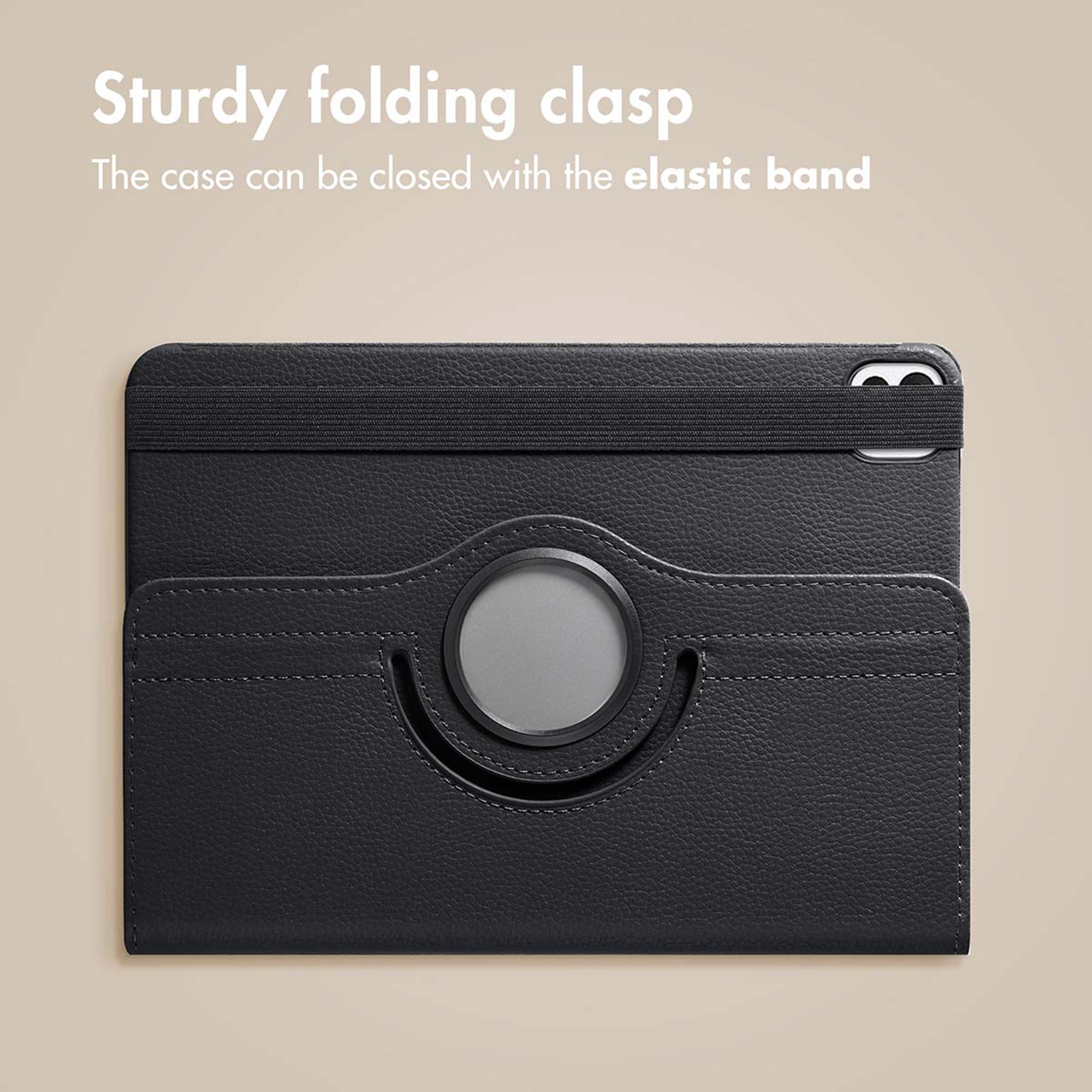Sturdy folding clasp and elastic band securing a black tablet case.
