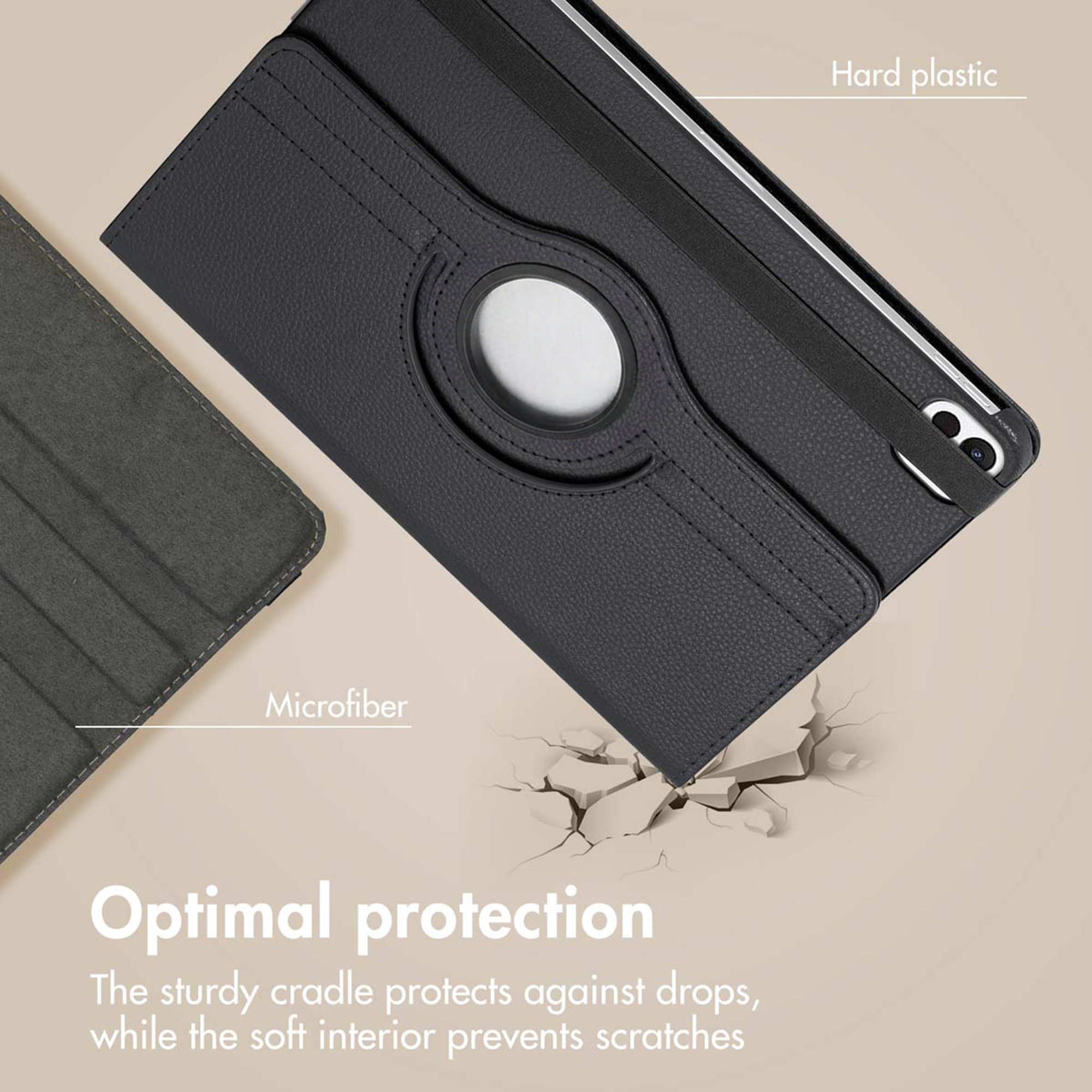 A black tablet case with hard plastic and microfiber interior for optimal protection.