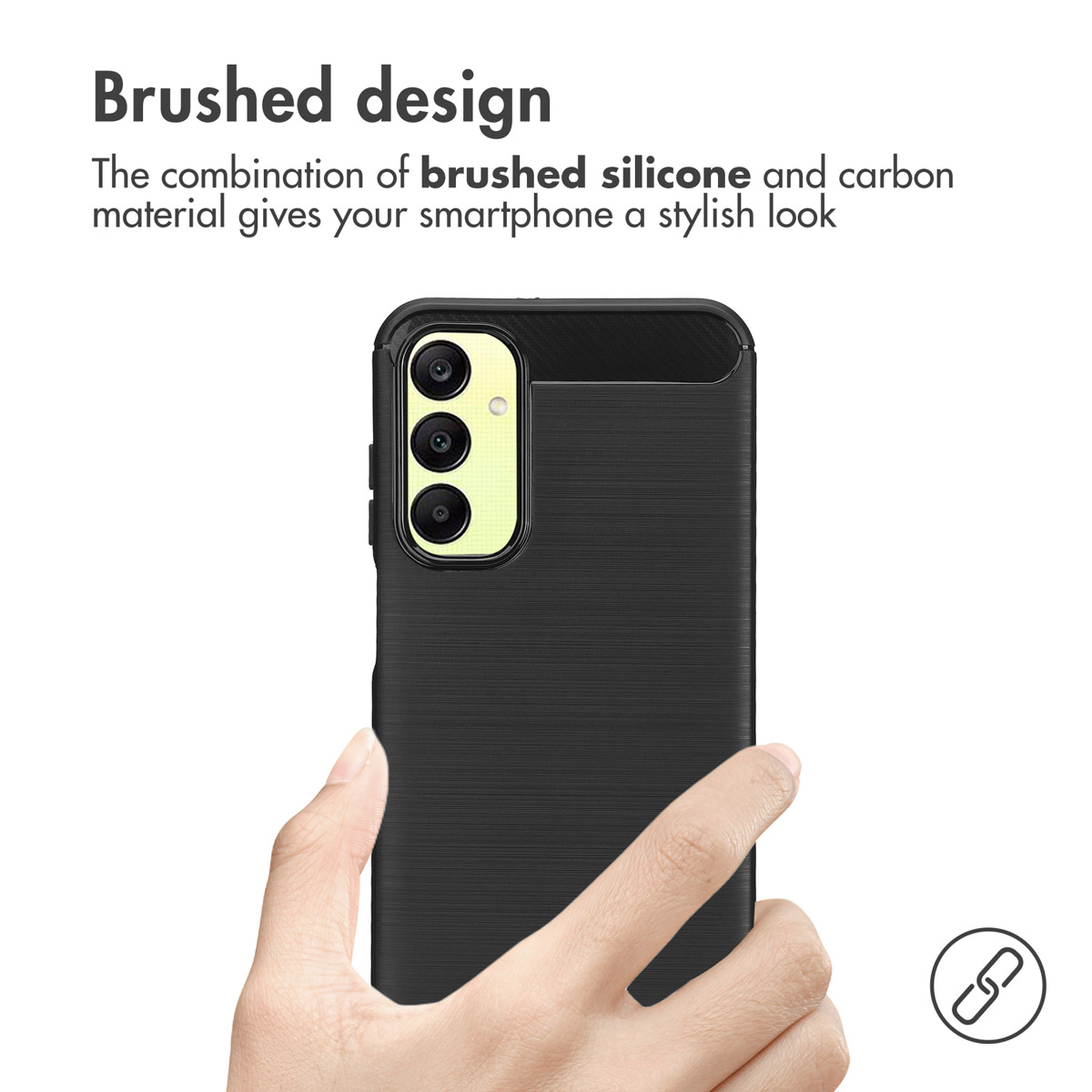 Hand in Hand hält ein Smartphone mit schwarzer, gebürsteter Silikon- und Carbon-Schutzhülle.