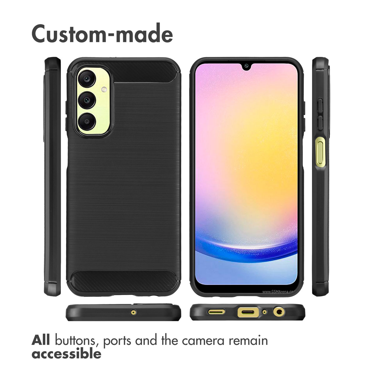 Schwarze Schutzhülle für ein Smartphone mit Aussparungen für Kamera, Tasten und Anschlüsse.