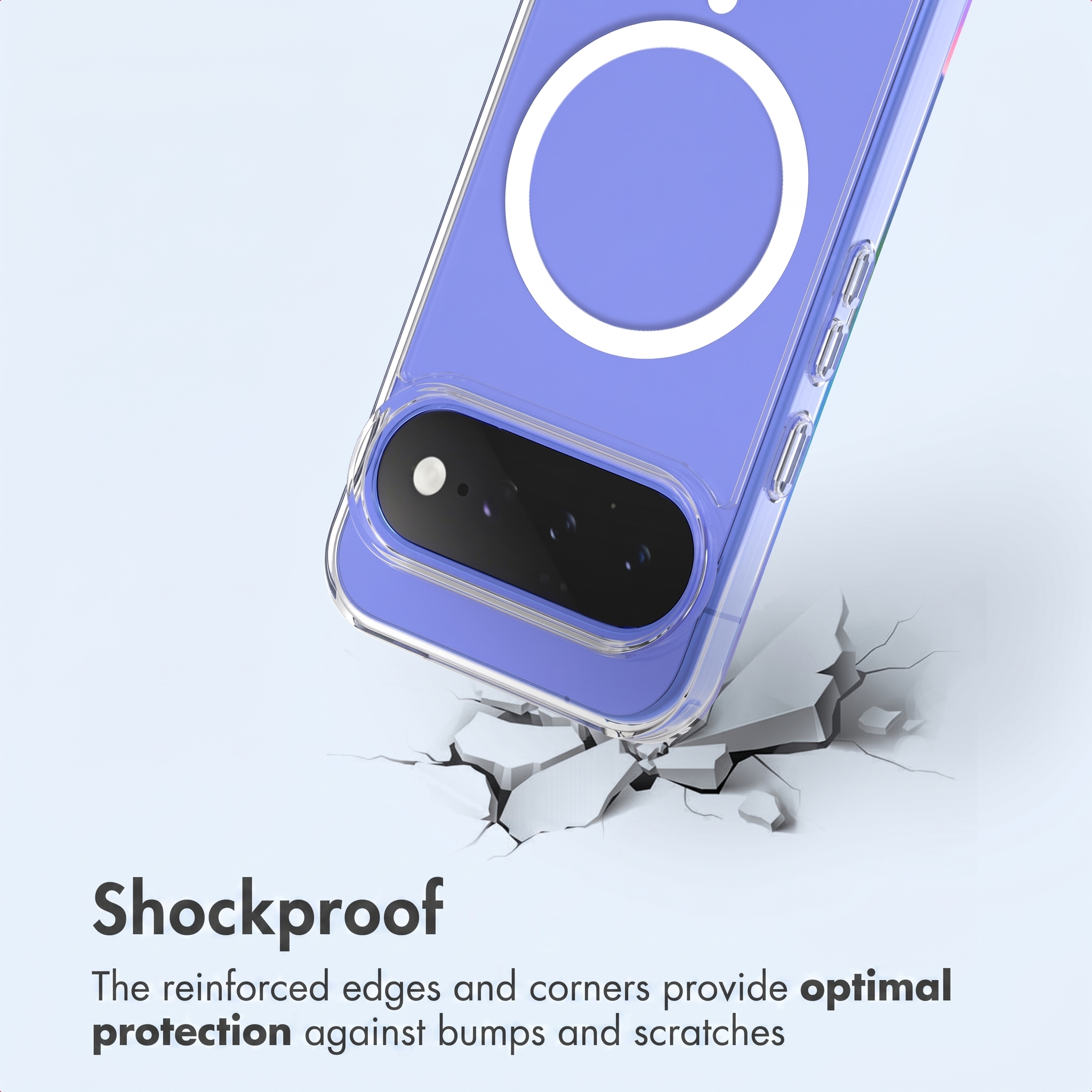 Funda de móvil morada con anillo MagSafe y cámara sobre suelo agrietado.