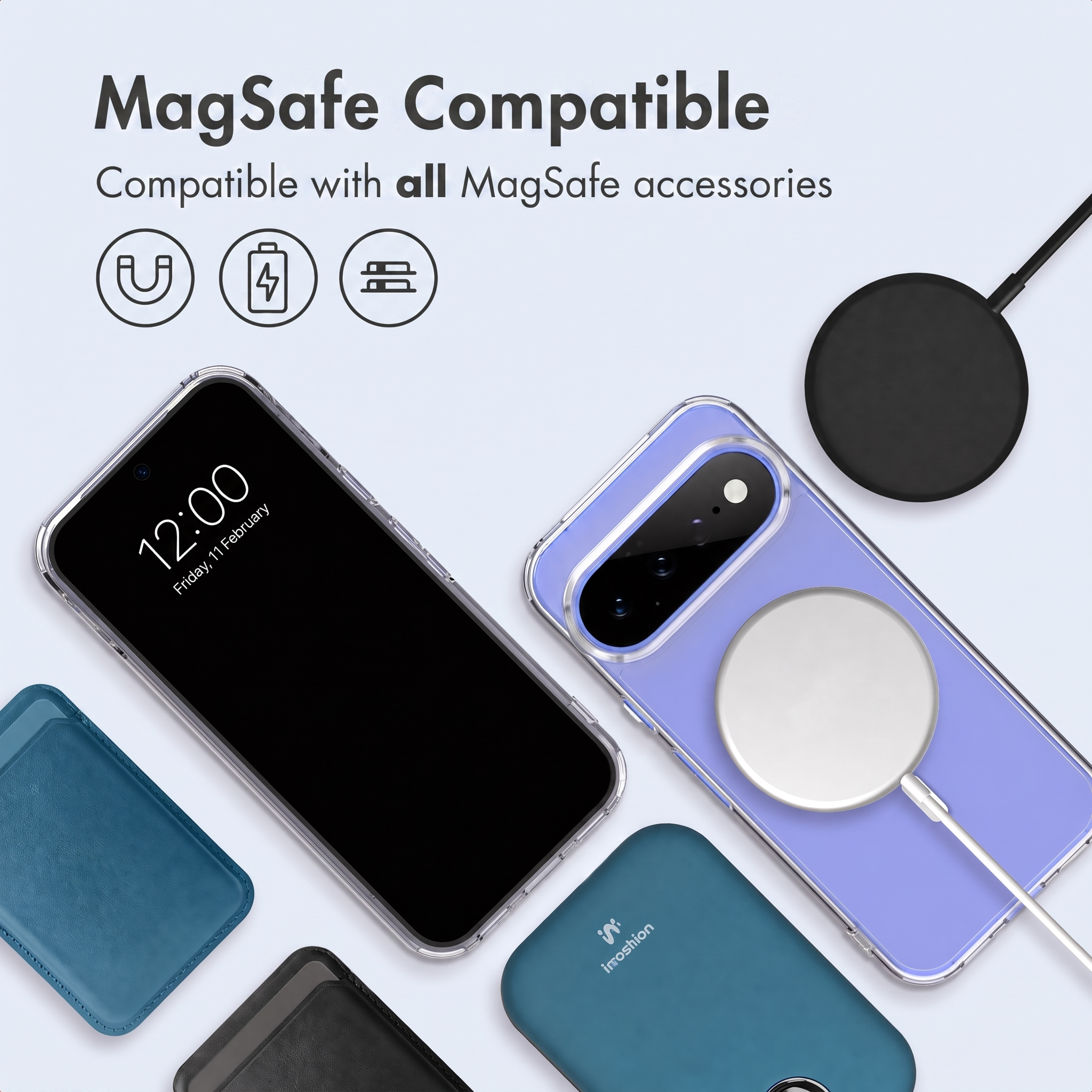 Smartphone, cargador y accesorios compatibles con MagSafe sobre fondo claro.
