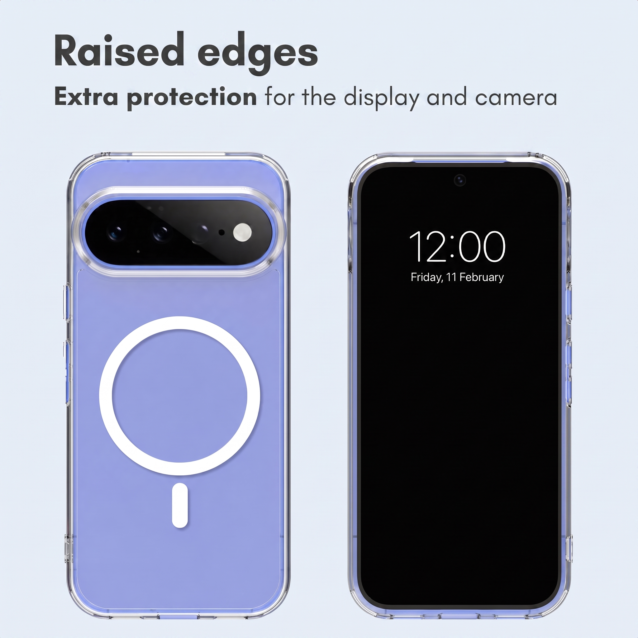 Funda de móvil morada con anillo MagSafe y pantalla mostrando bordes elevados.