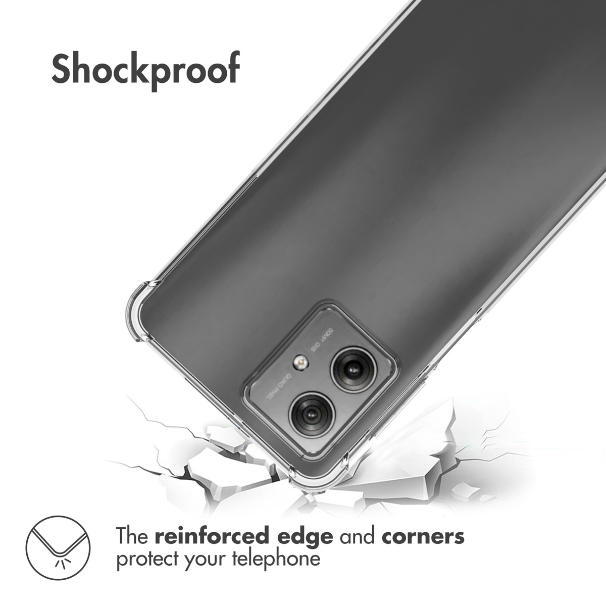 Cover trasparente antiurto con angoli rinforzati su una superficie incrinata.
