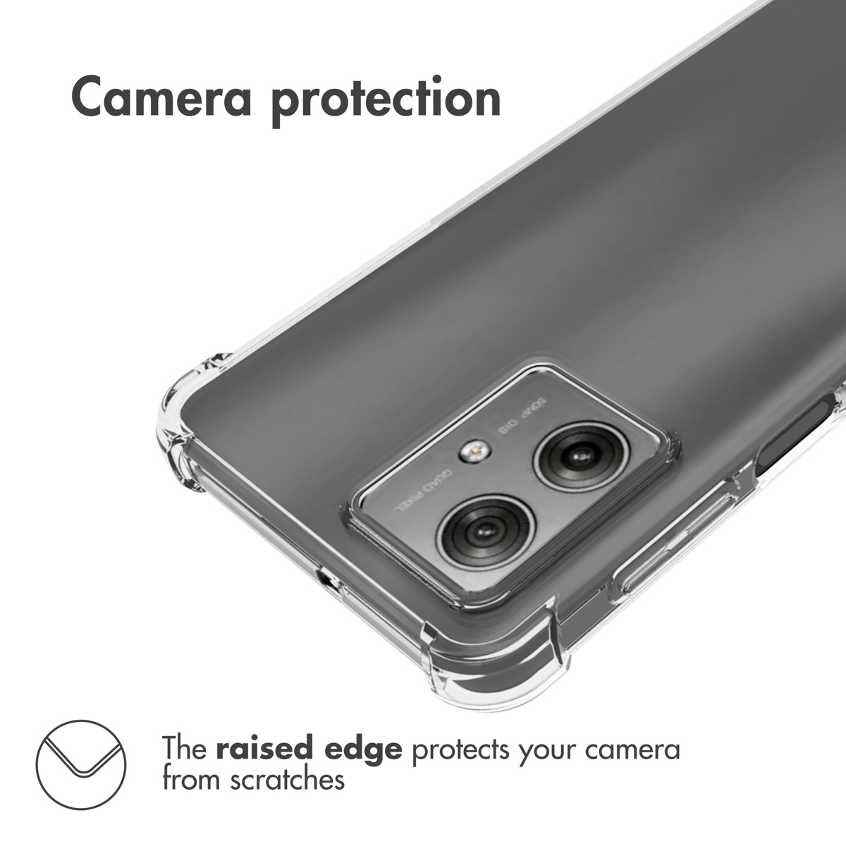 Custodia trasparente per telefono con bordo rialzato attorno alla fotocamera per protezione antigraffio.