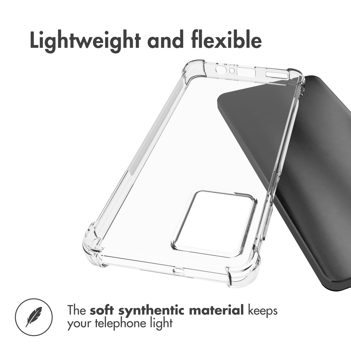 Custodia protettiva trasparente e flessibile per smartphone con il testo Lightweight and flexible.