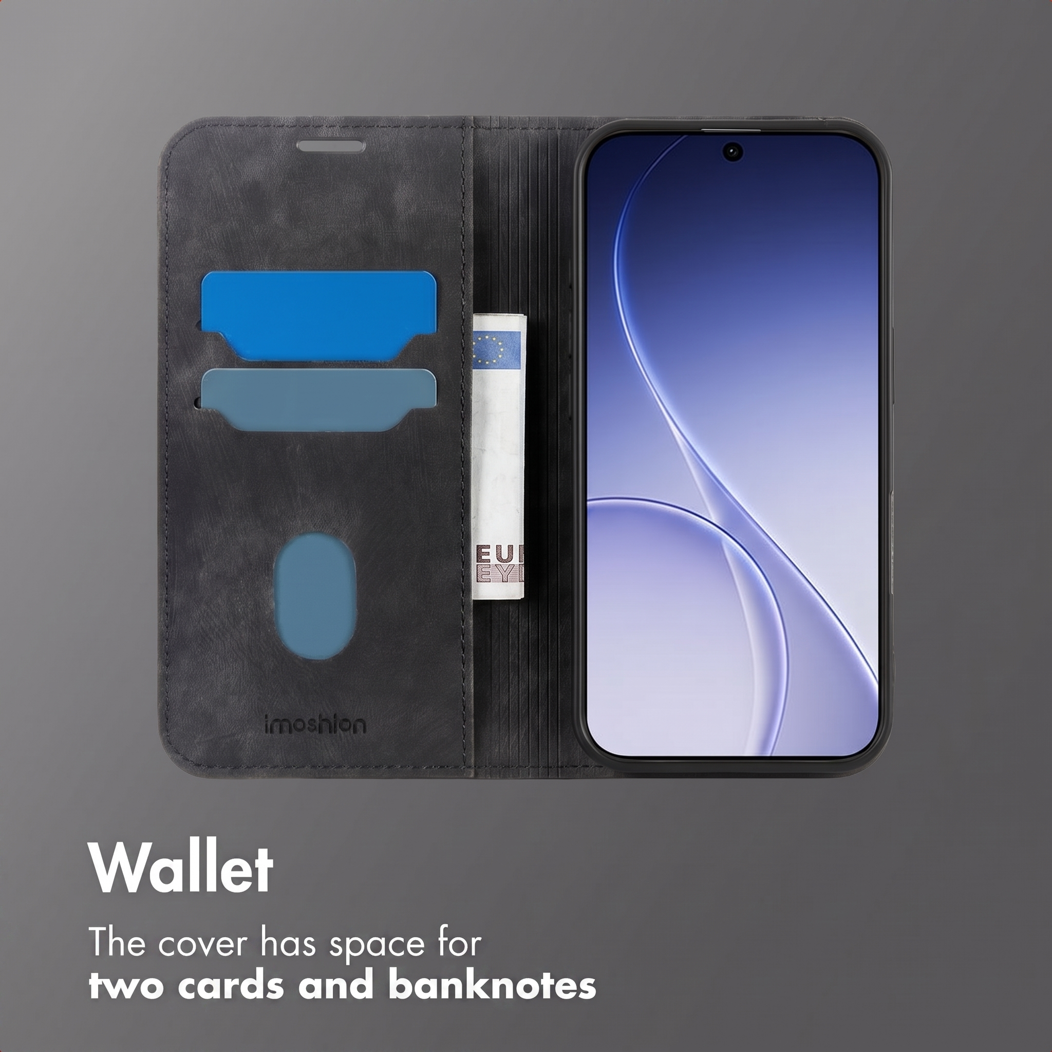 Funda de móvil de cuero negro con ranuras para tarjetas y billetes, con un smartphone sobre fondo gris.