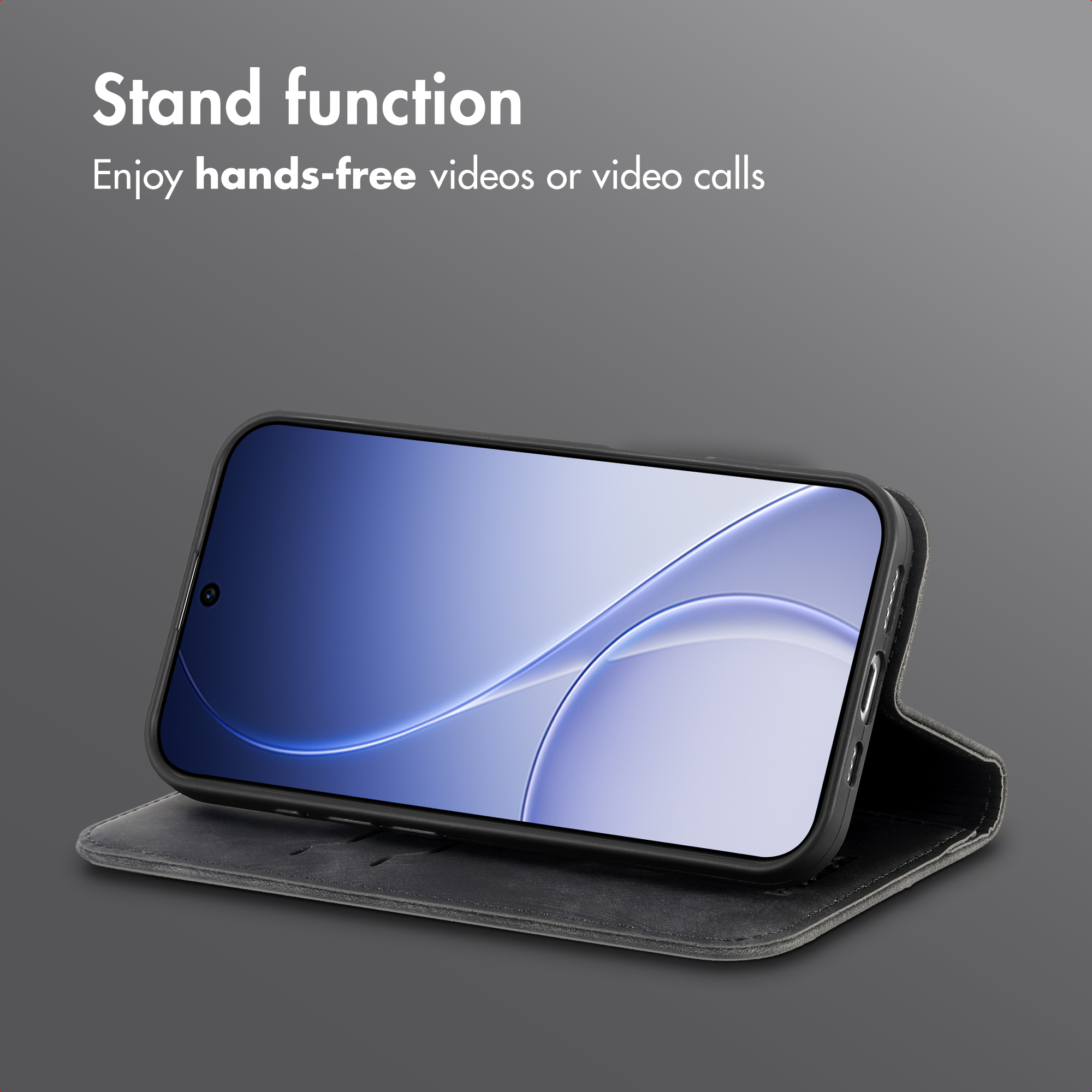 Un teléfono en una funda negra se apoya en una mesa, mostrando el texto "Stand function".