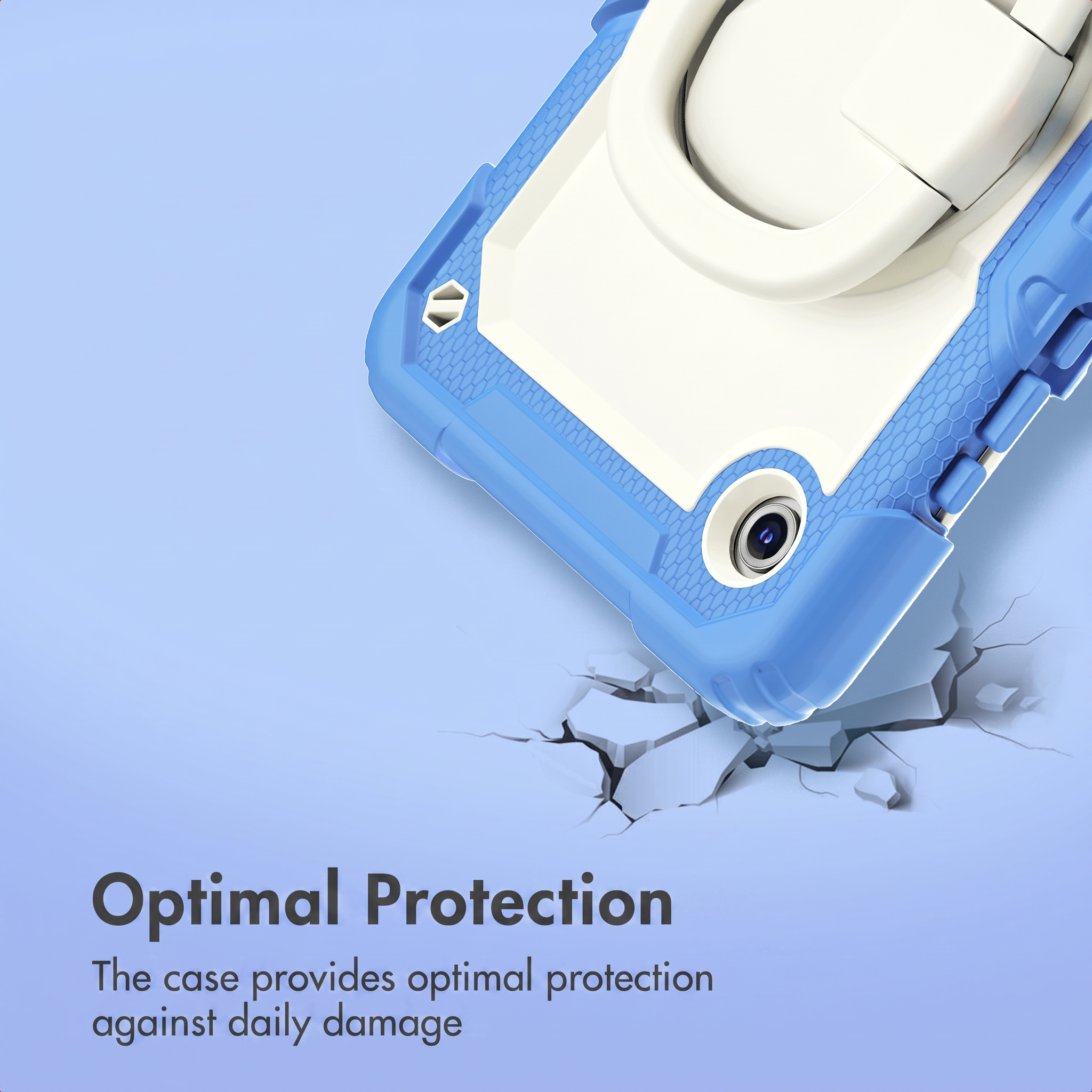A rugged blue and white phone case with a kickstand on a cracked surface, emphasizing protection.