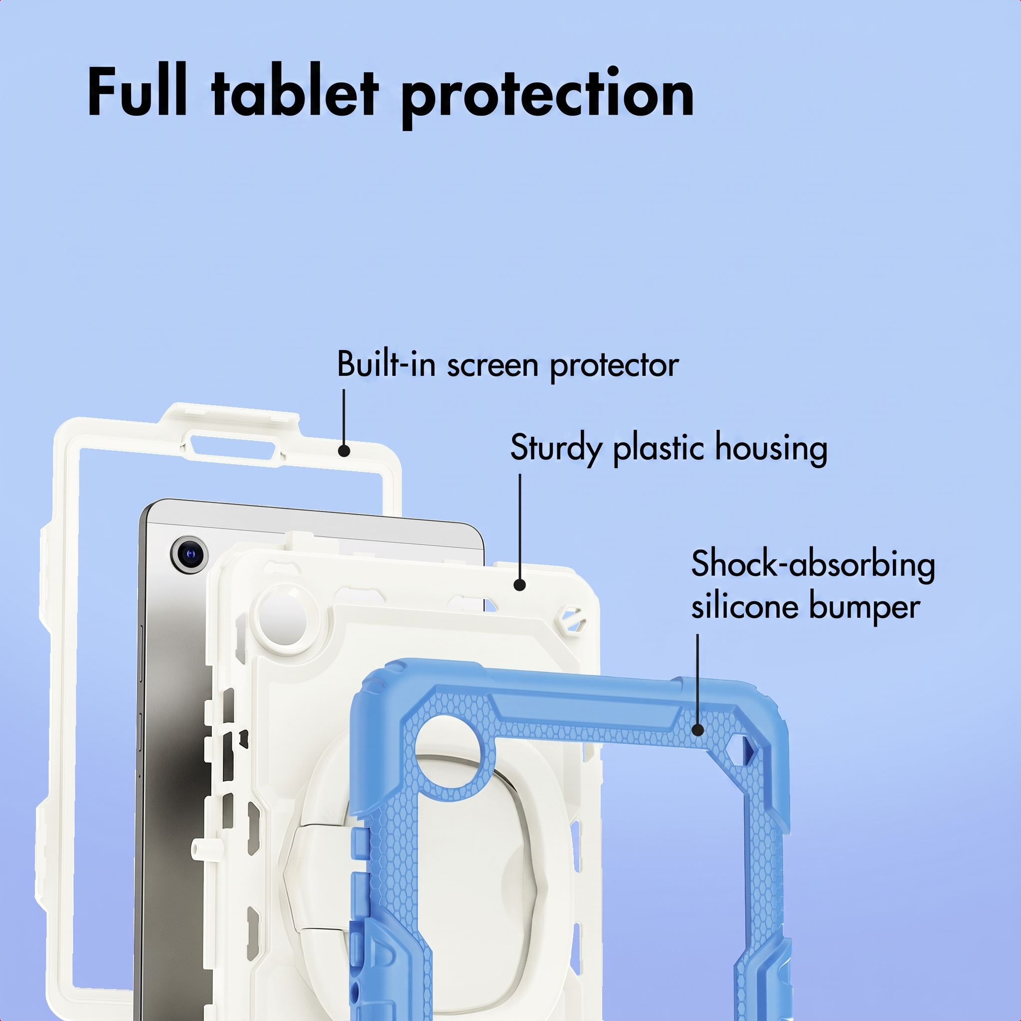 Exploded view of a tablet case with built-in screen protector, sturdy plastic housing, and silicone bumper.