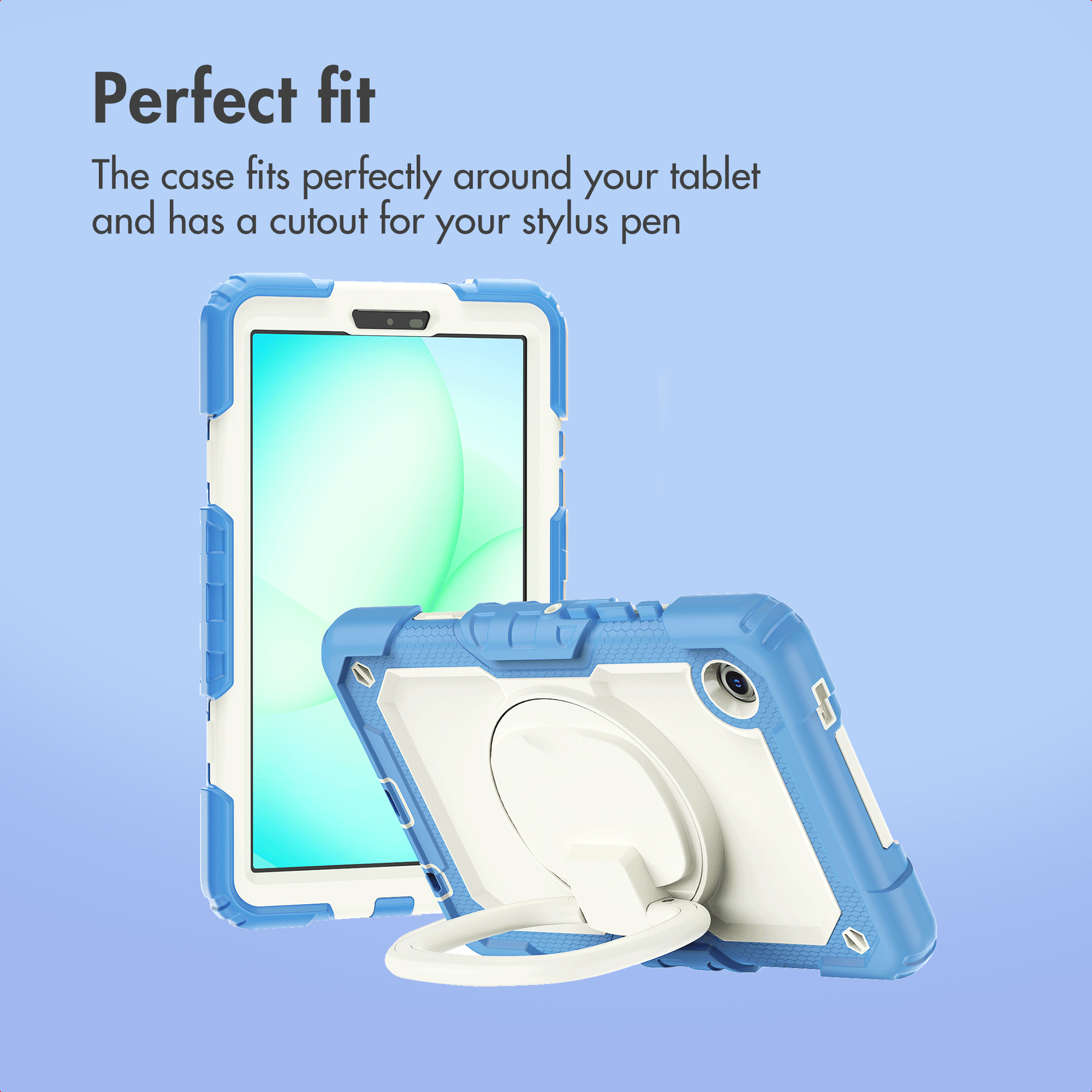 Tablet in a blue and white protective case with an integrated stand against a blue background.