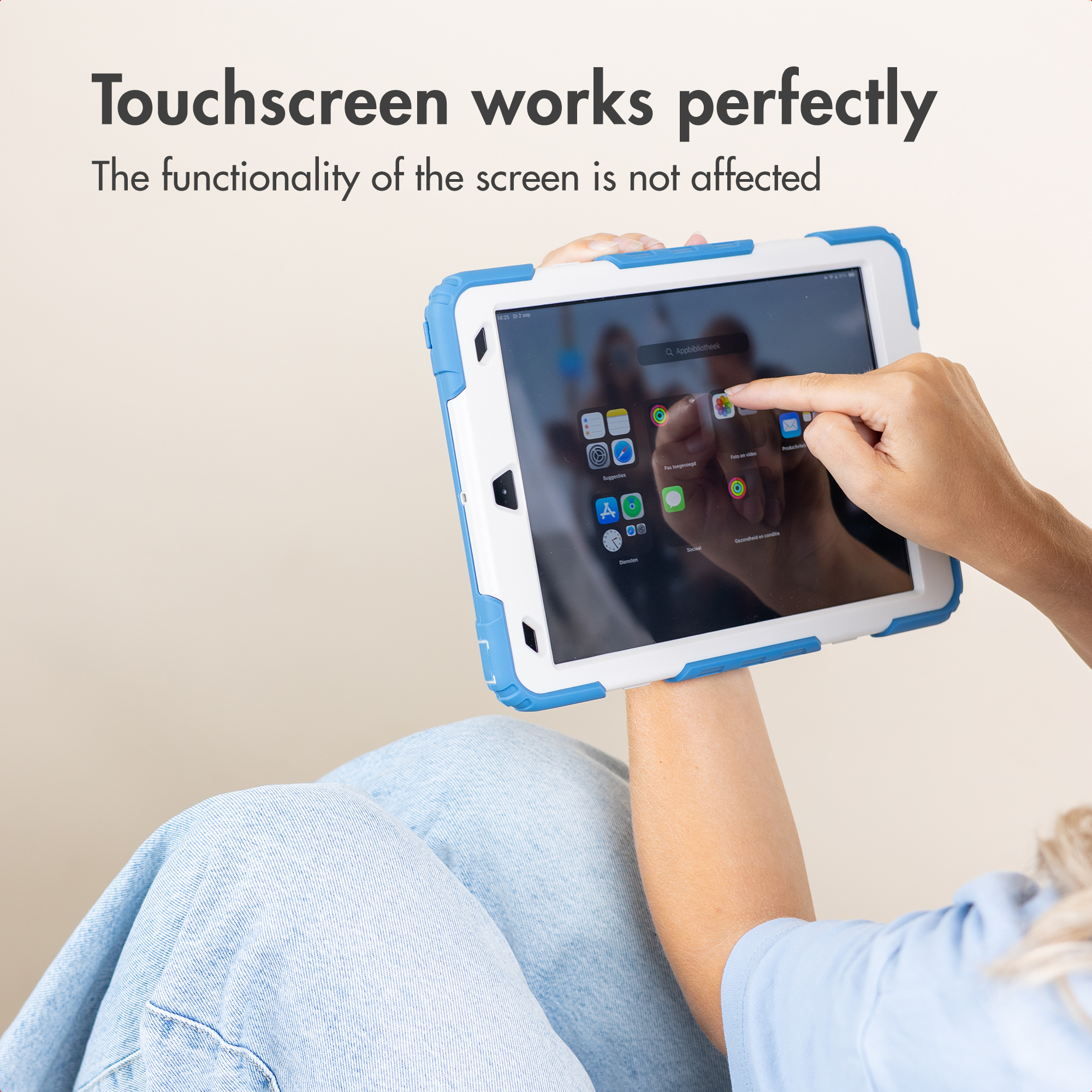 A person uses a tablet screen in a blue and white protective case with text overlay.