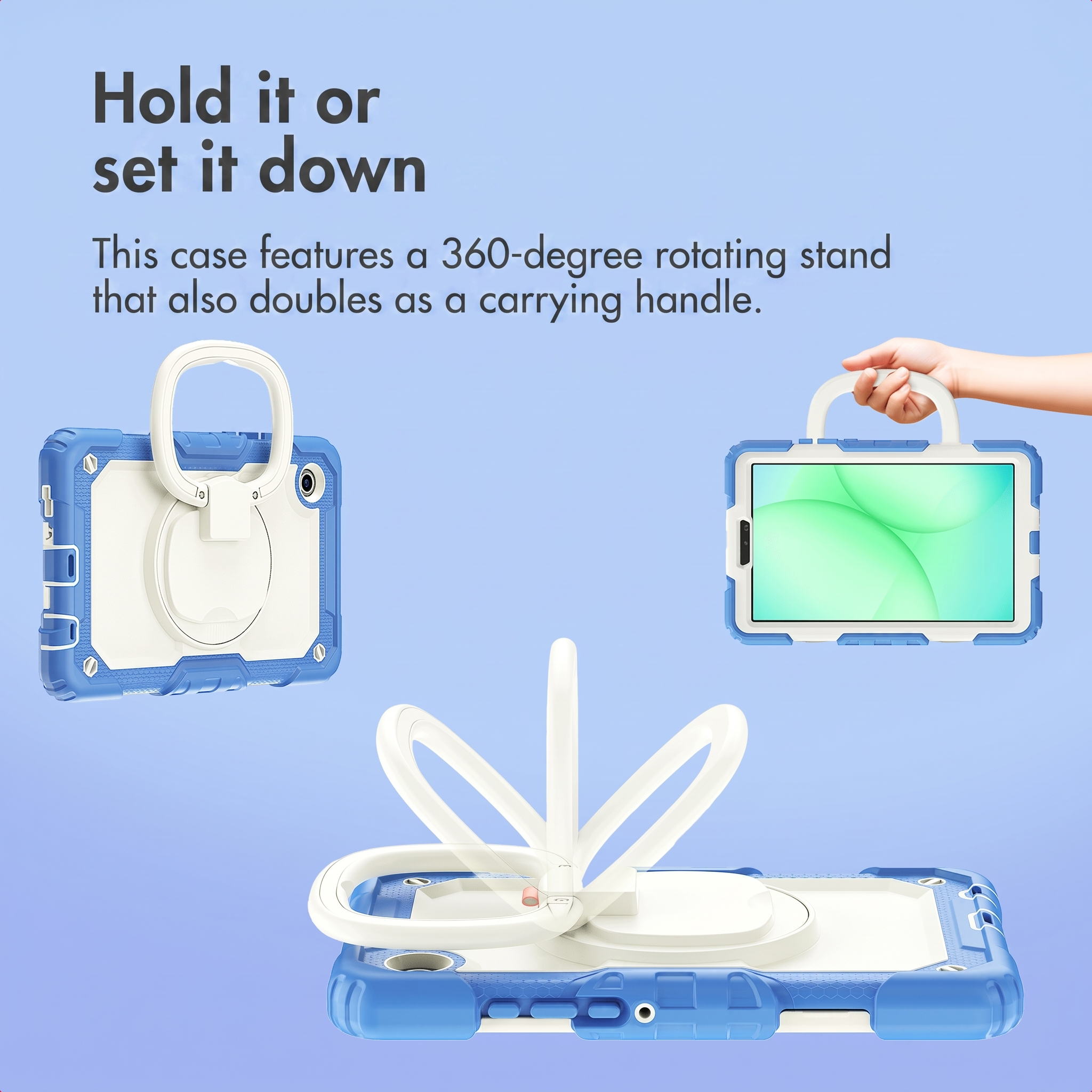 Blue tablet case with white 360-degree rotating stand and carrying handle on a blue background.