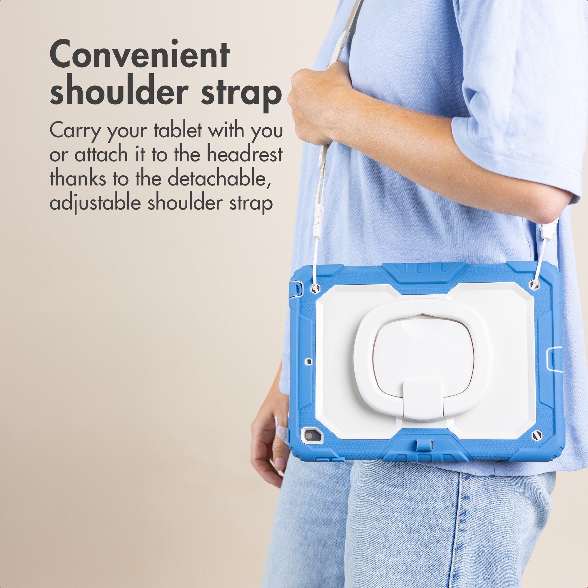 A person wears a tablet in a blue and white protective case with a shoulder strap.