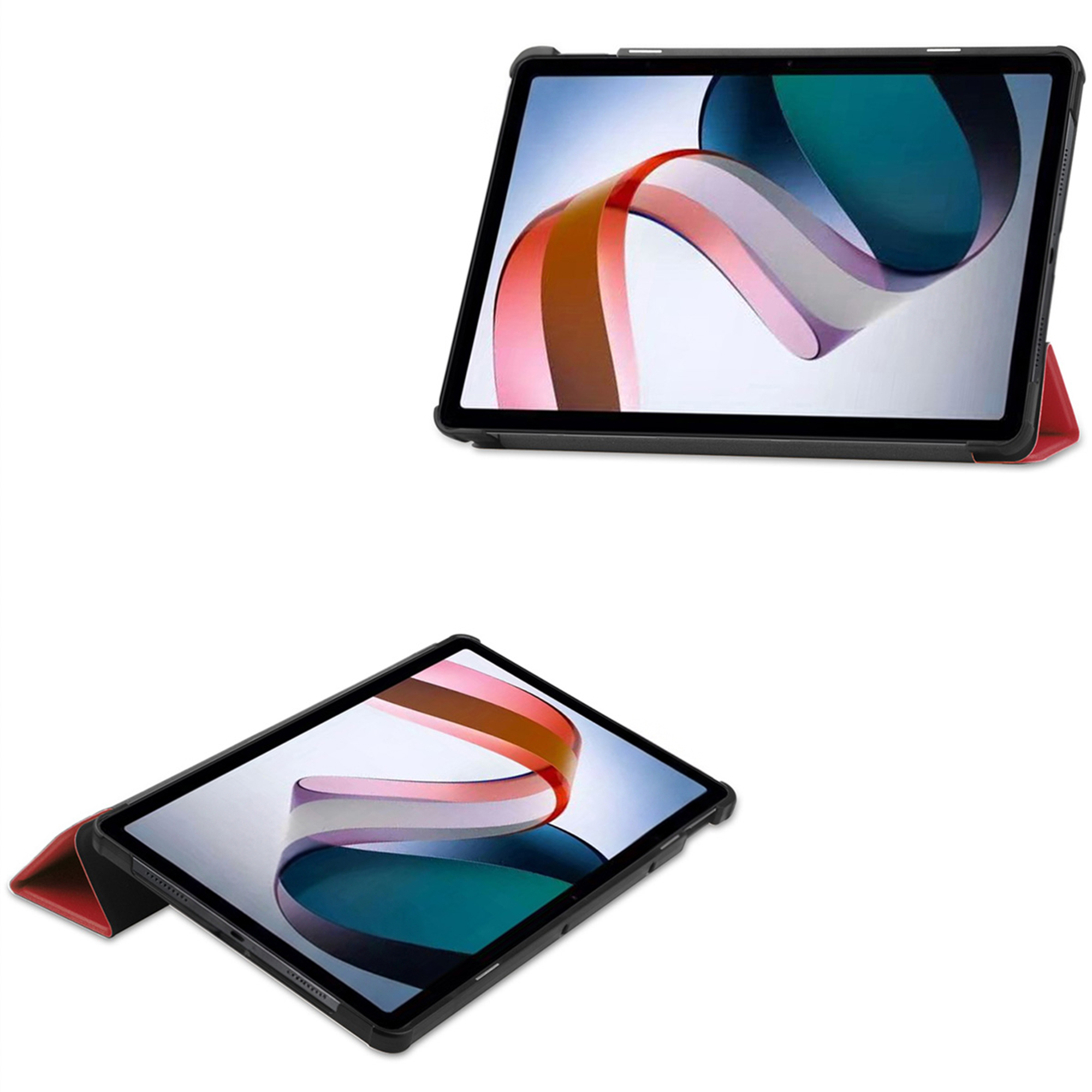 A black tablet with a red protective case displays an abstract color wave wallpaper.
