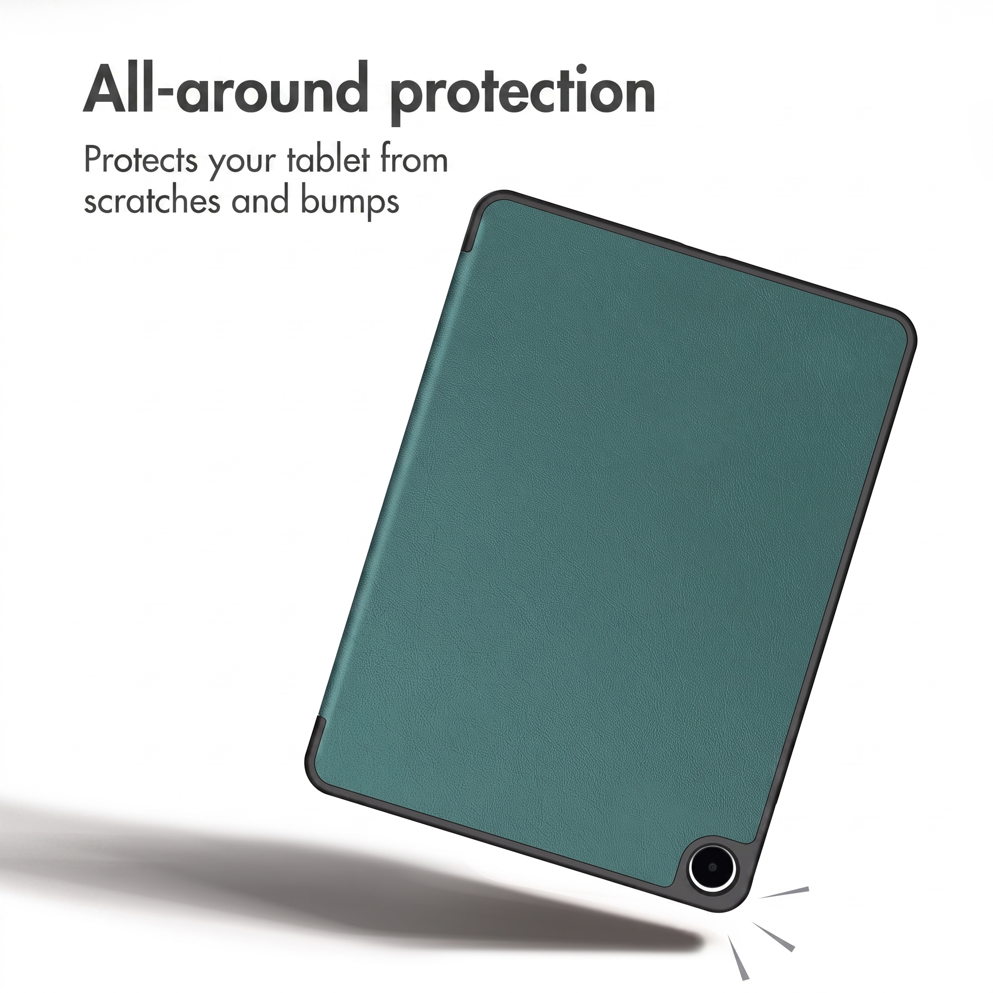 A teal tablet case with text reading All-around protection against scratches and bumps.