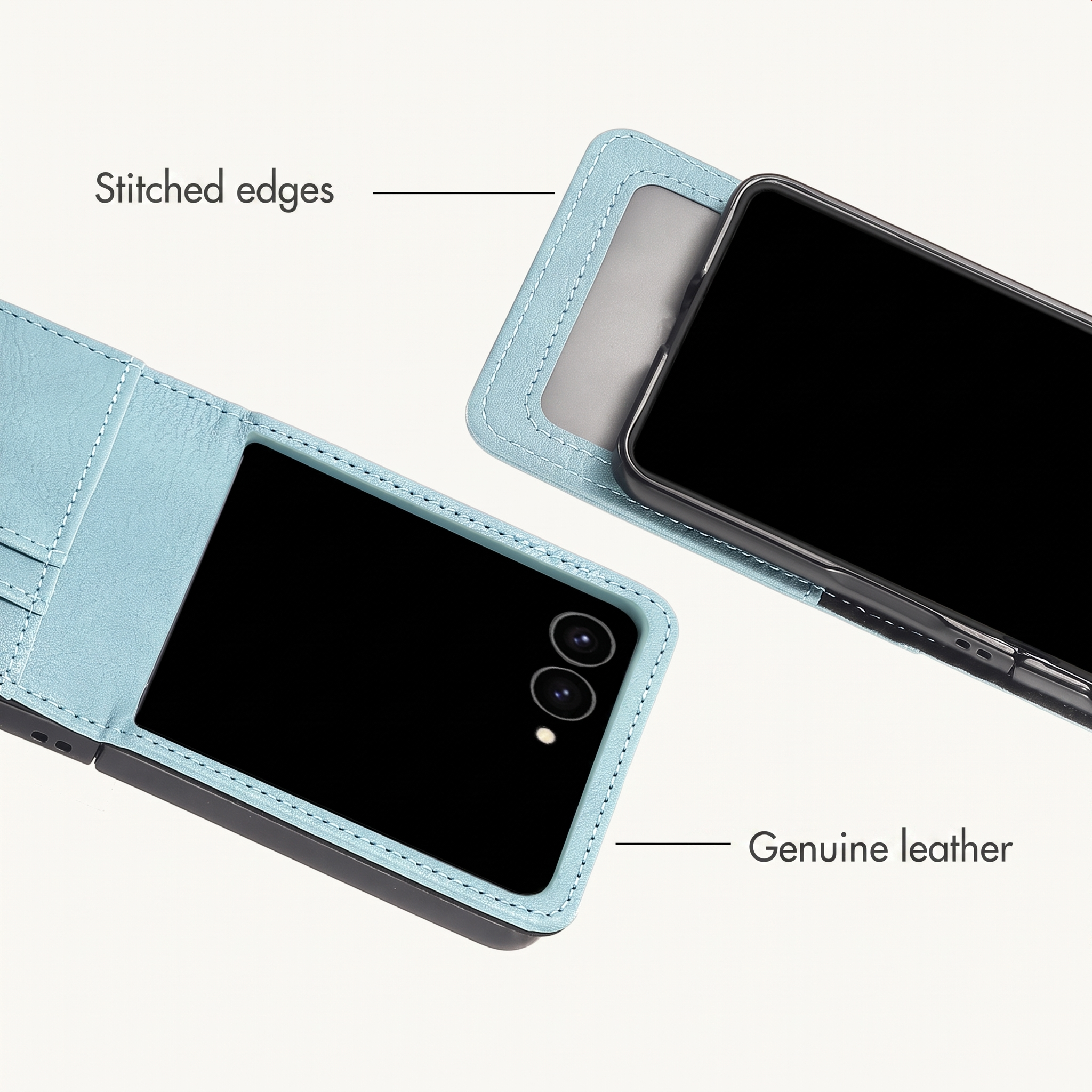 Étui en cuir bleu clair avec des bords cousus pour un smartphone pliable.