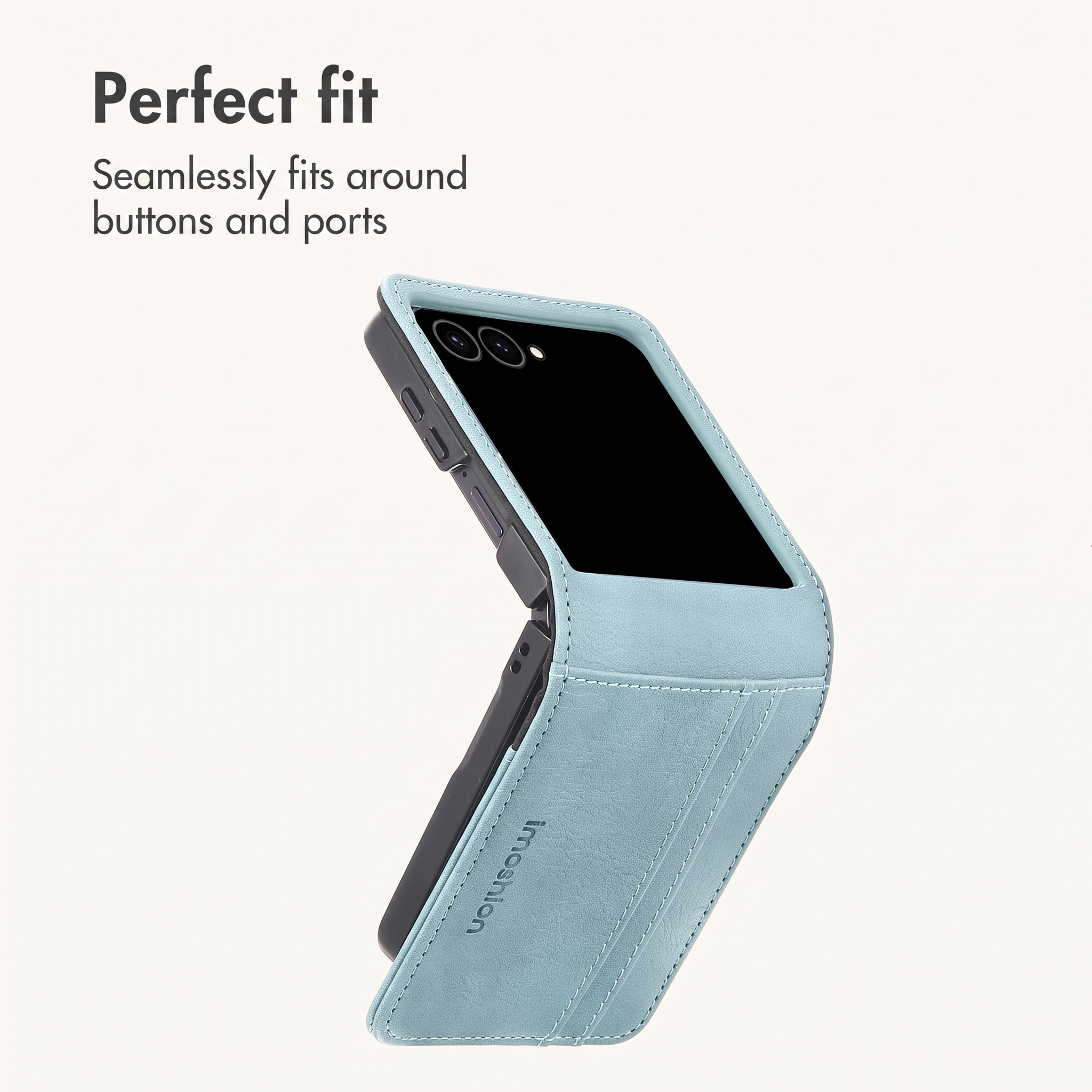 Étui à rabat bleu clair sur un smartphone pliable, texte en haut à gauche indique ajustement parfait.