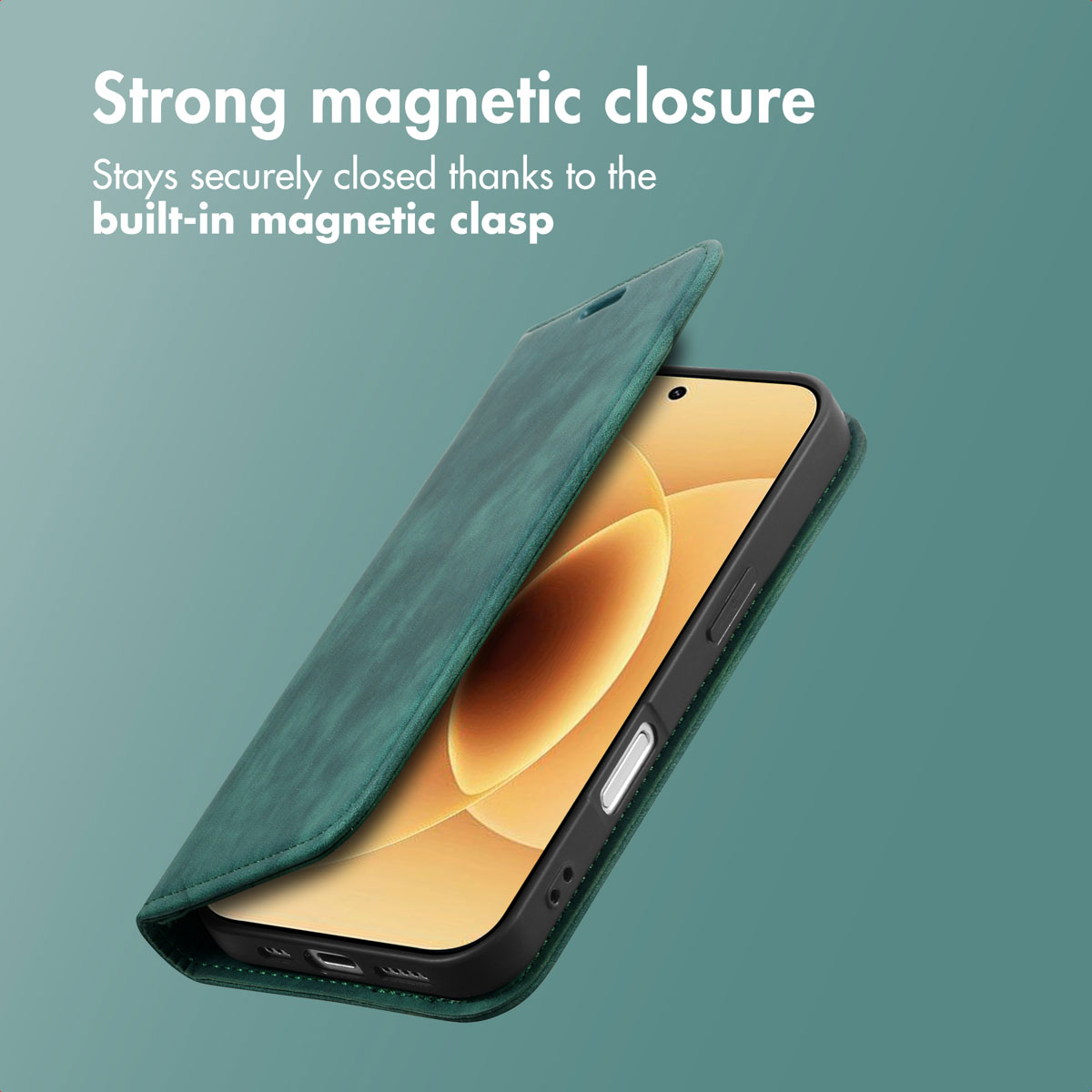 Una custodia a libro verde per smartphone con forte chiusura magnetica su sfondo verde.