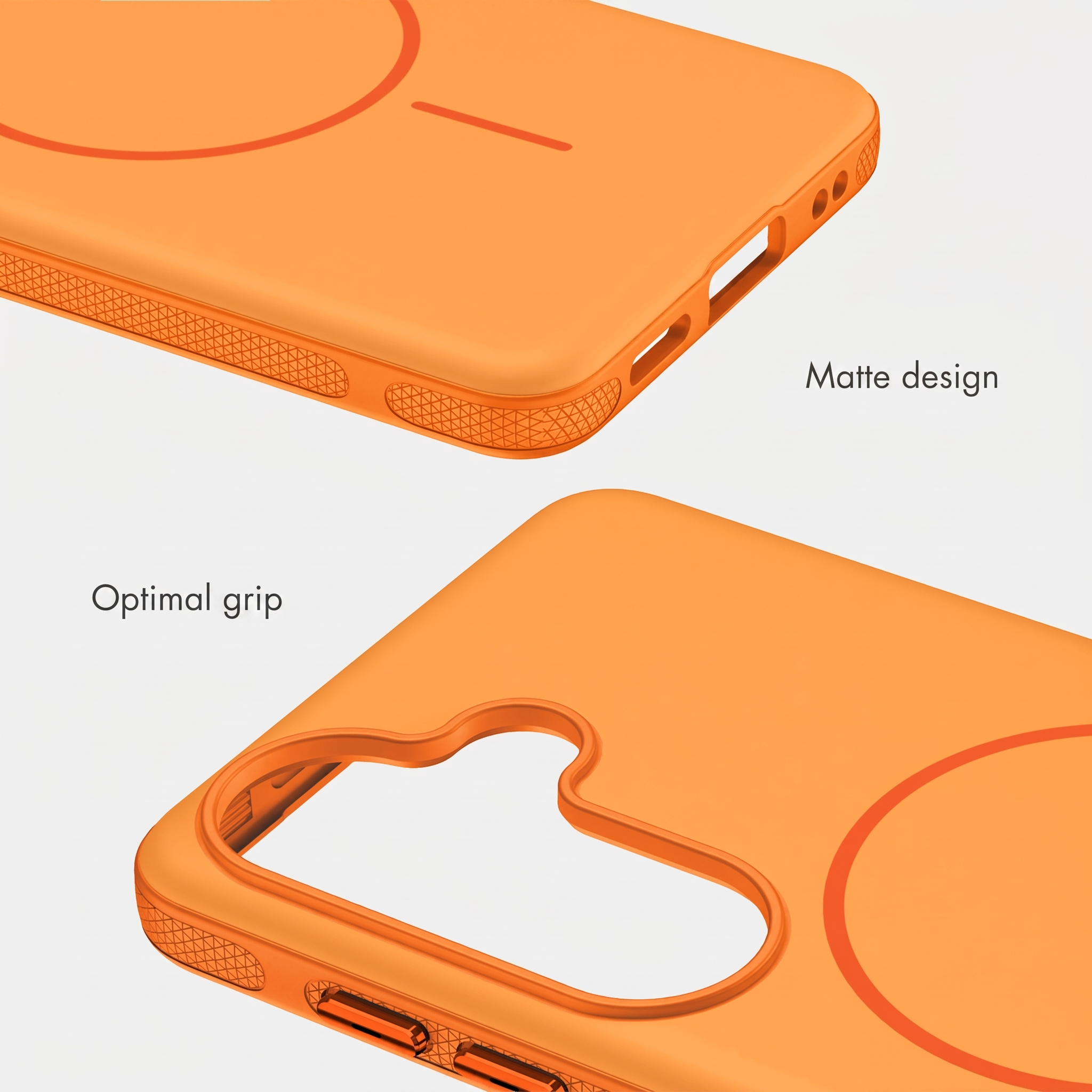Orangene Smartphone-Hülle mit mattem Design und strukturiertem Griff für optimale Handhabung.