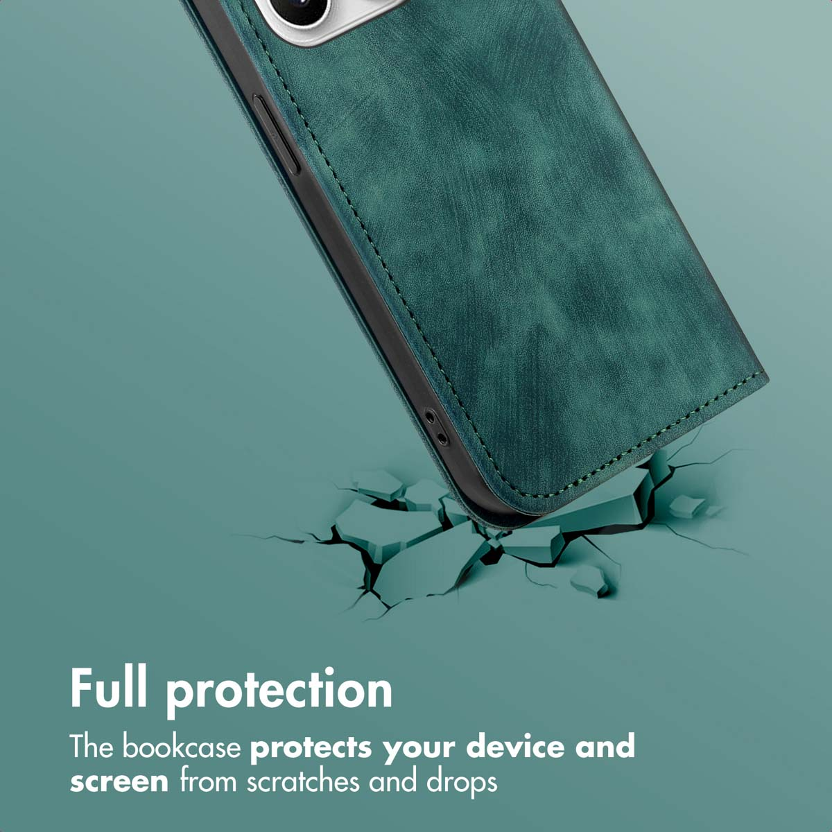 Custodia per telefono in pelle verde su sfondo screpolato con testo.
